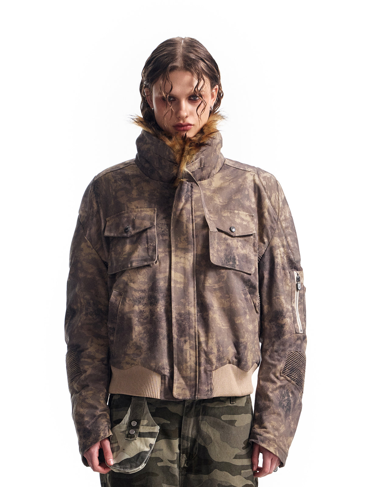 HAS2SONS curved knife short fur collar camouflage jacket bomber 023
