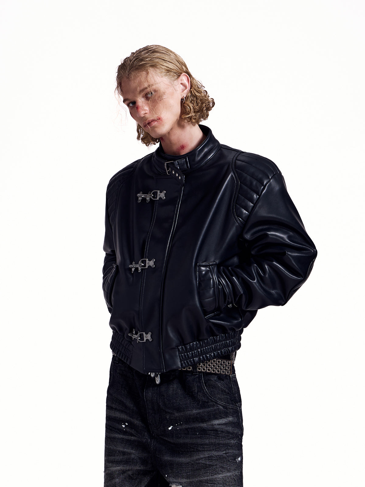 HAS2SONS locomotive rivet embroidered leather jacket