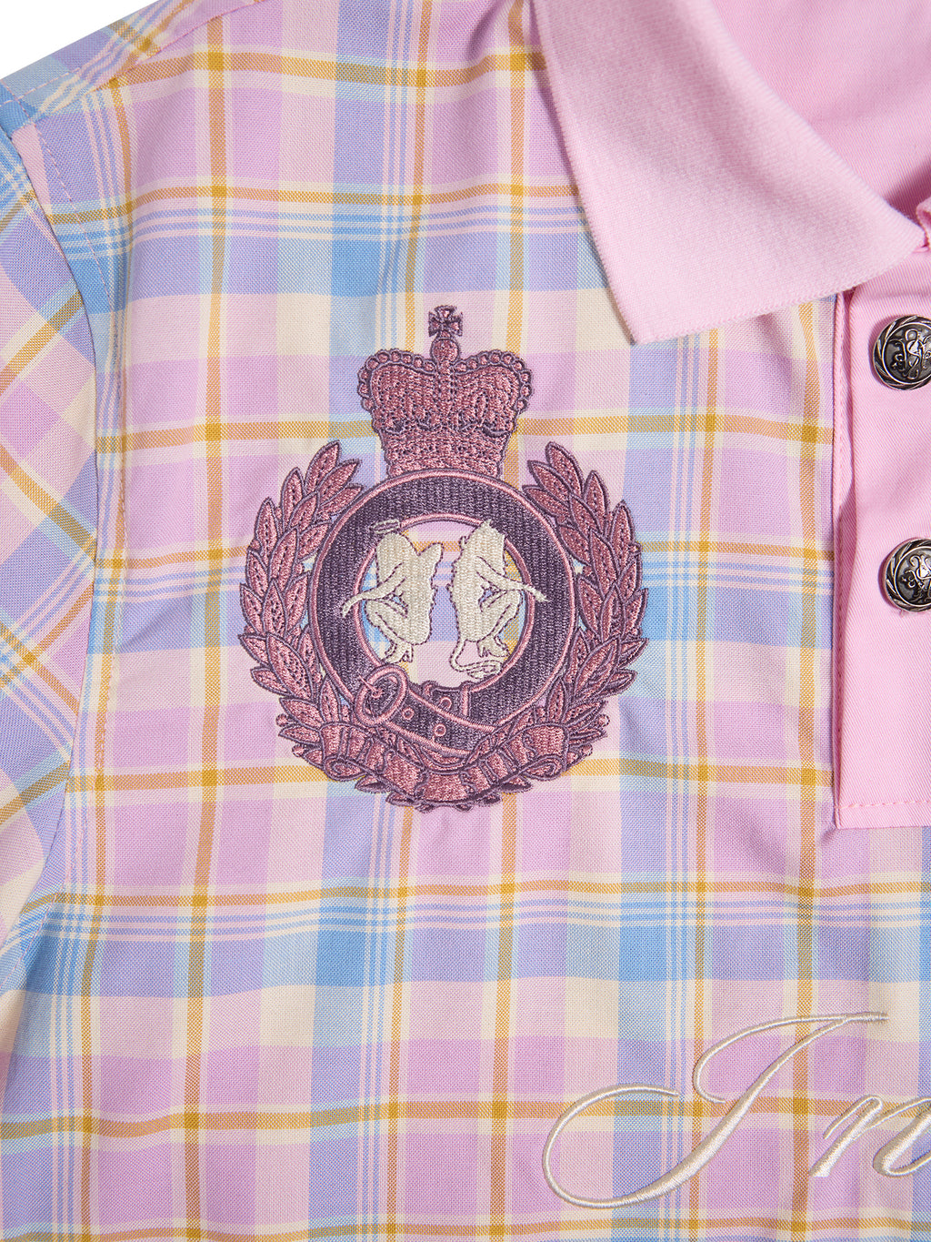 HAS2SONS "Dance Floor High" Pink Plaid Embroidered Printed Polo Shirt 079