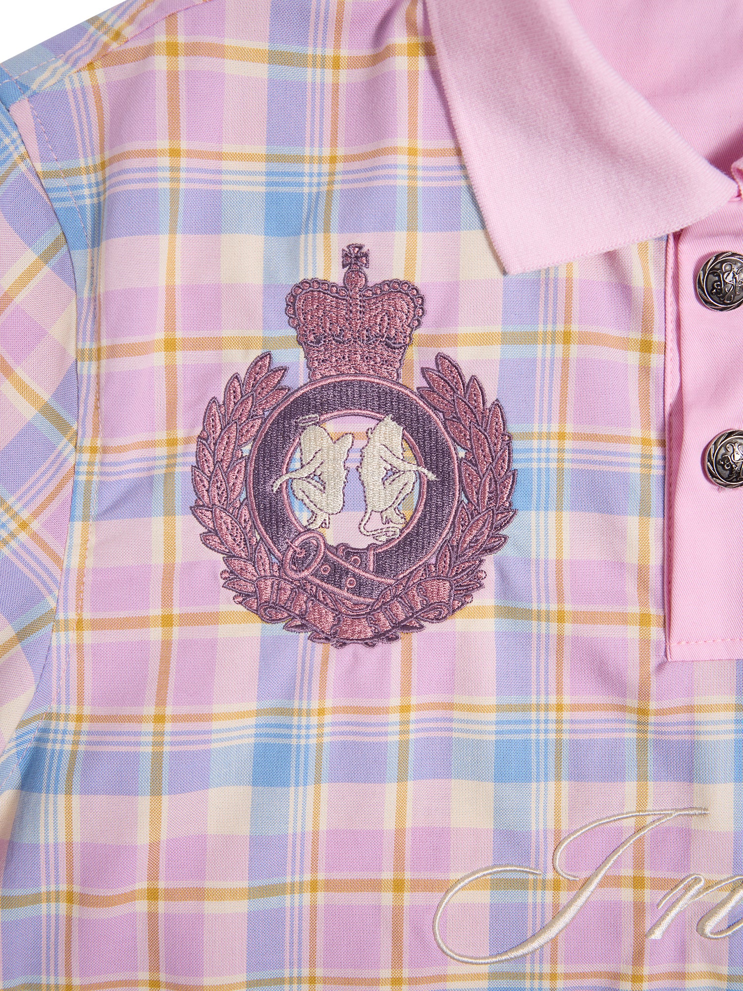 HAS2SONS "Dance Floor High" Pink Plaid Embroidered Printed Polo Shirt 079