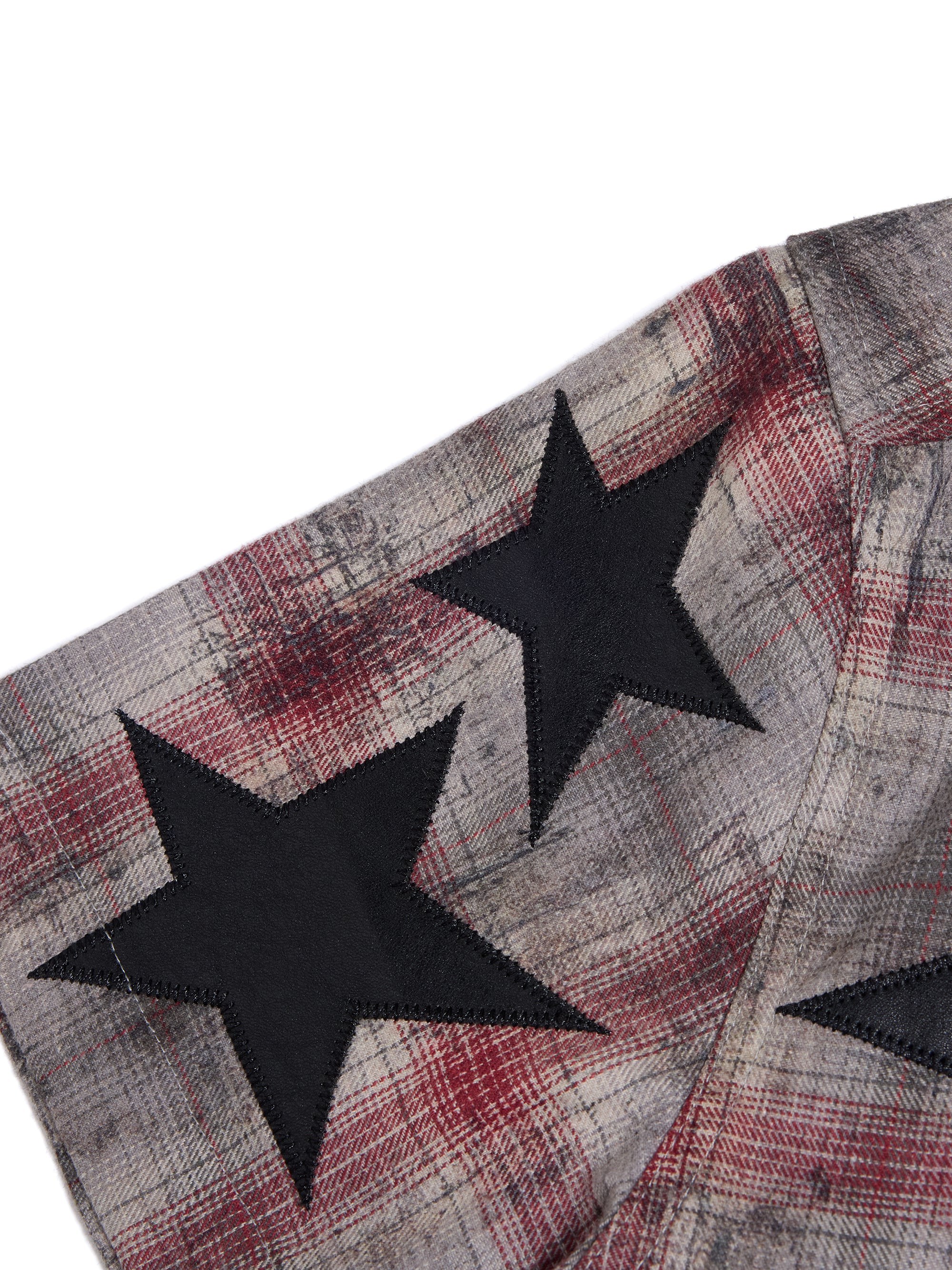 HAS2SONS 26ss Red Grey Plaid Boxy Shirt, Star Patch Embroidered Cropped Street Top 089