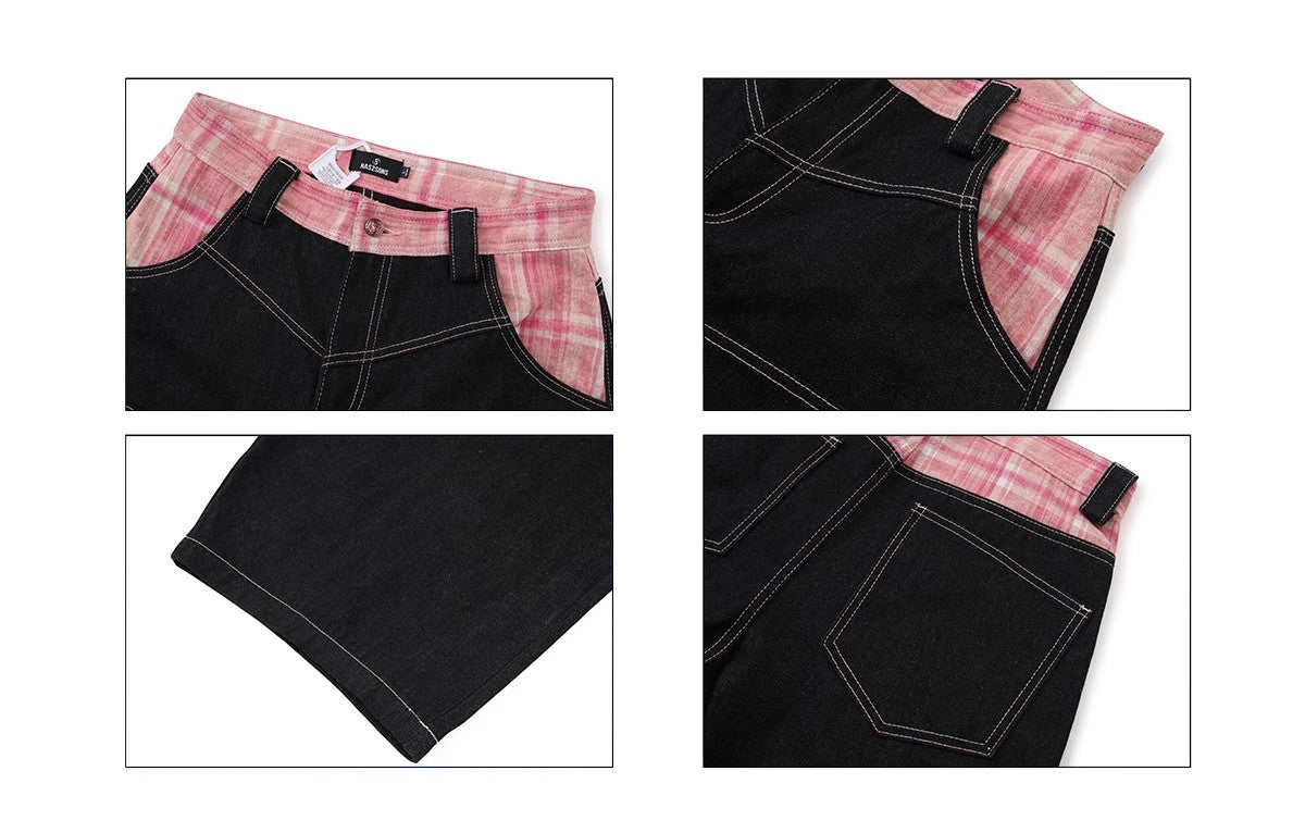 HAS2SONS Original Beef Splicing Pink Grid Bent Knife Jeans