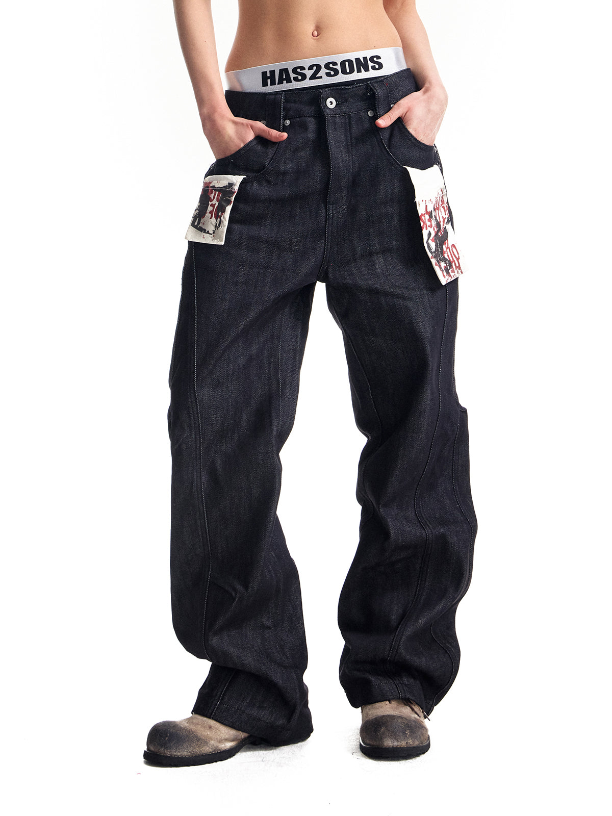 HAS2SONS deconstructs multi piece spliced original denim jeans 040