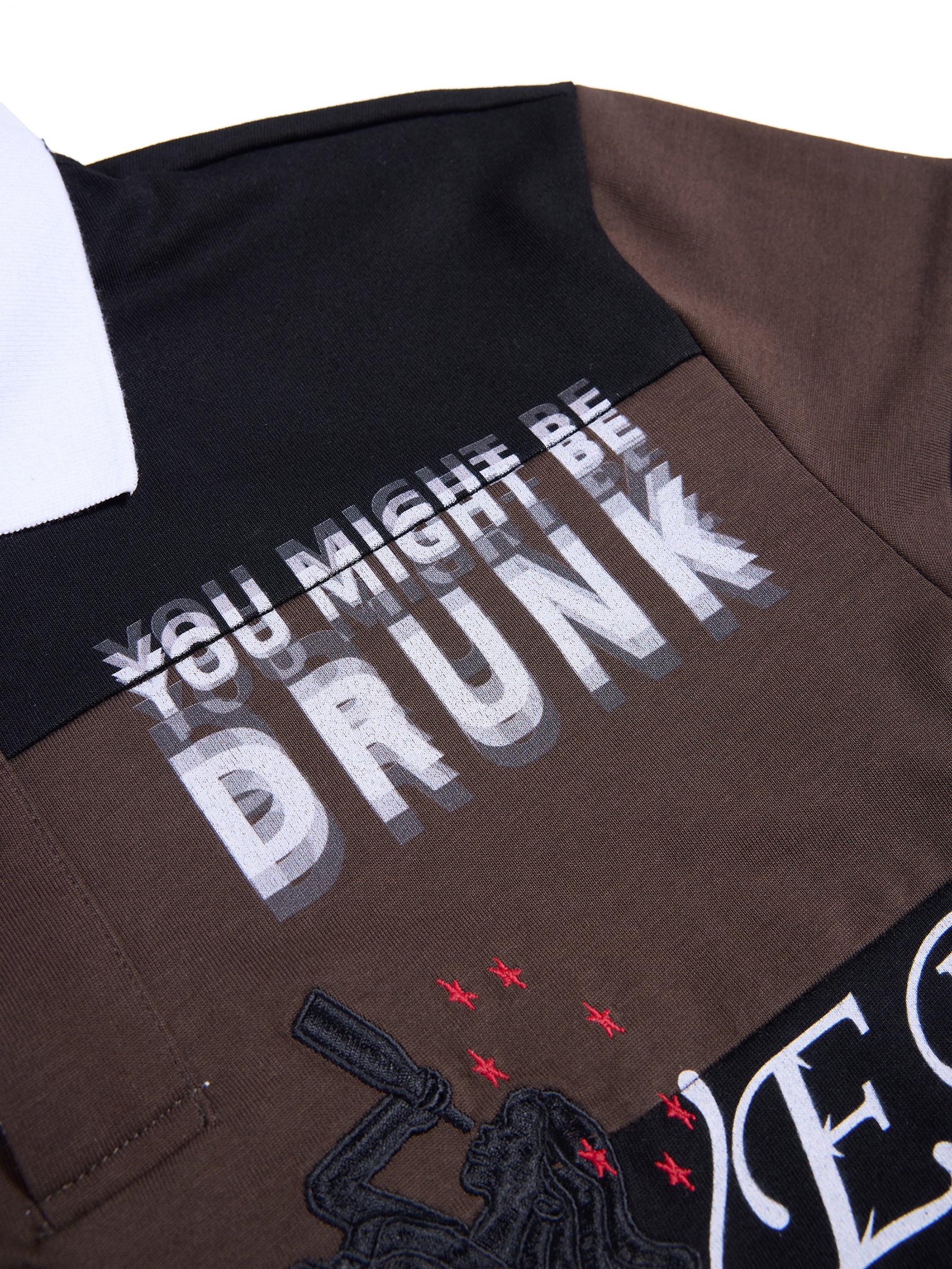 HAS2SONS "Long Island Iced Tea" Drunken Girl Embroidery Striped Contrast Polo Shirt 080