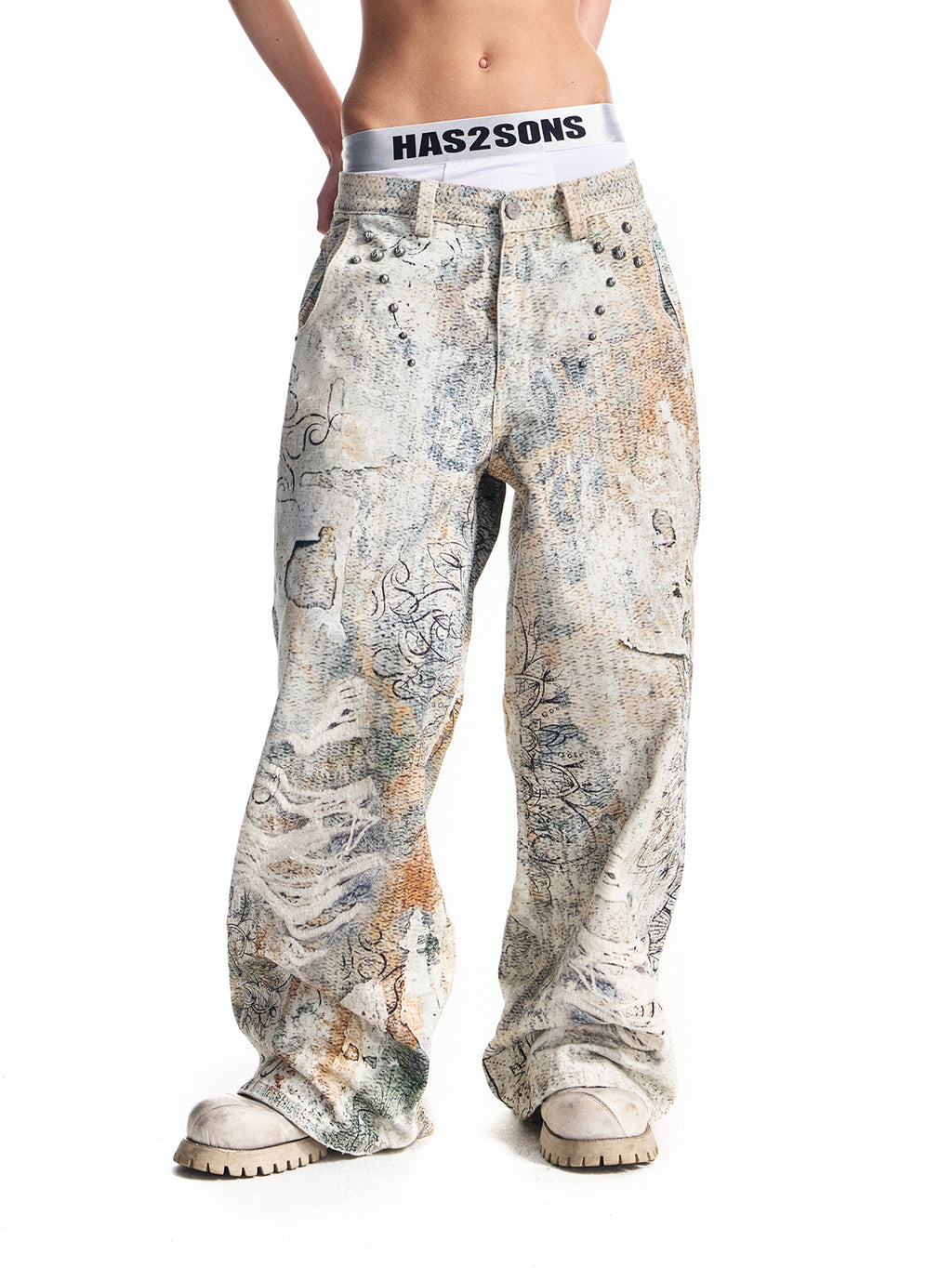 25FW digital printed rivet A-line version 14.5 oz denim pants