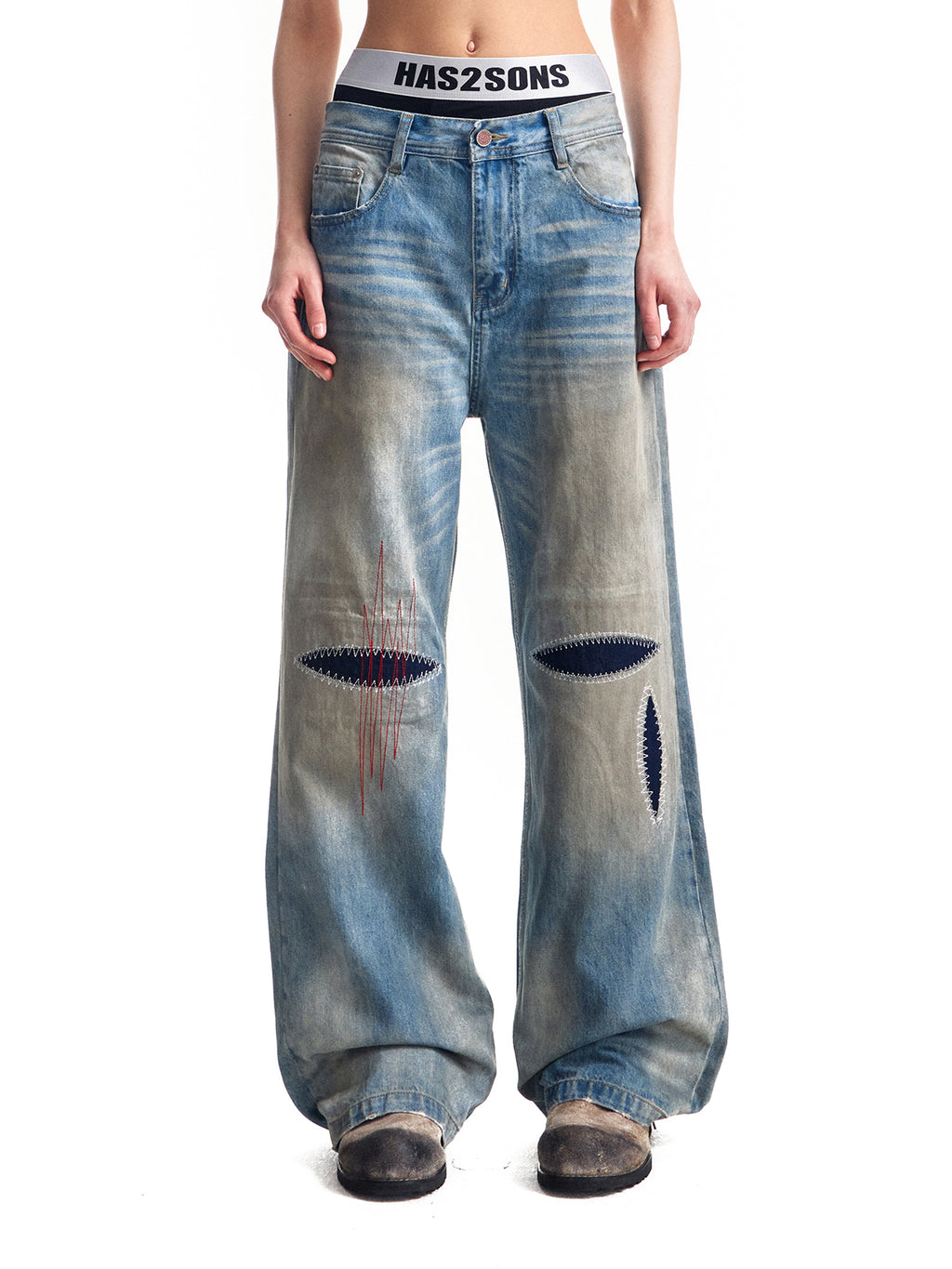 HAS2SONS washed blue straight leg wipe dirty jeans