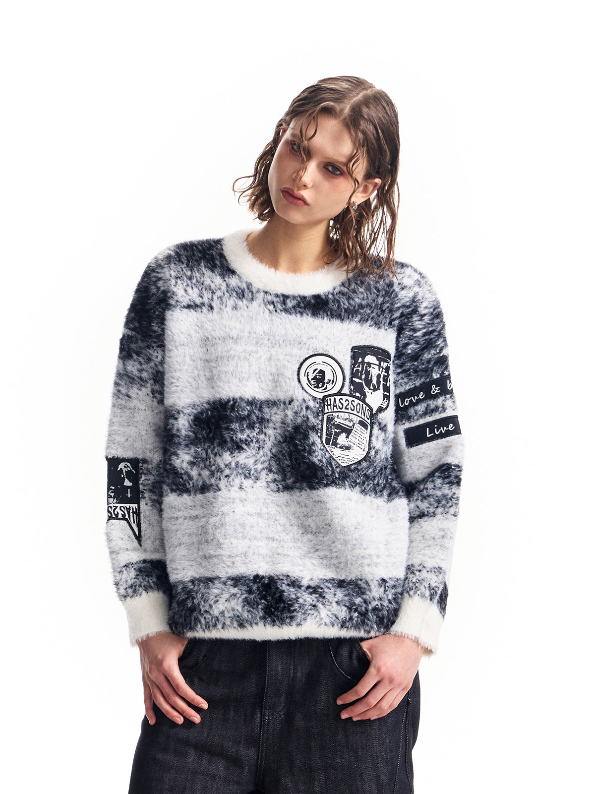 HAS2SONS mink wool sweater with striped jacquard and velvet knit sweater 022