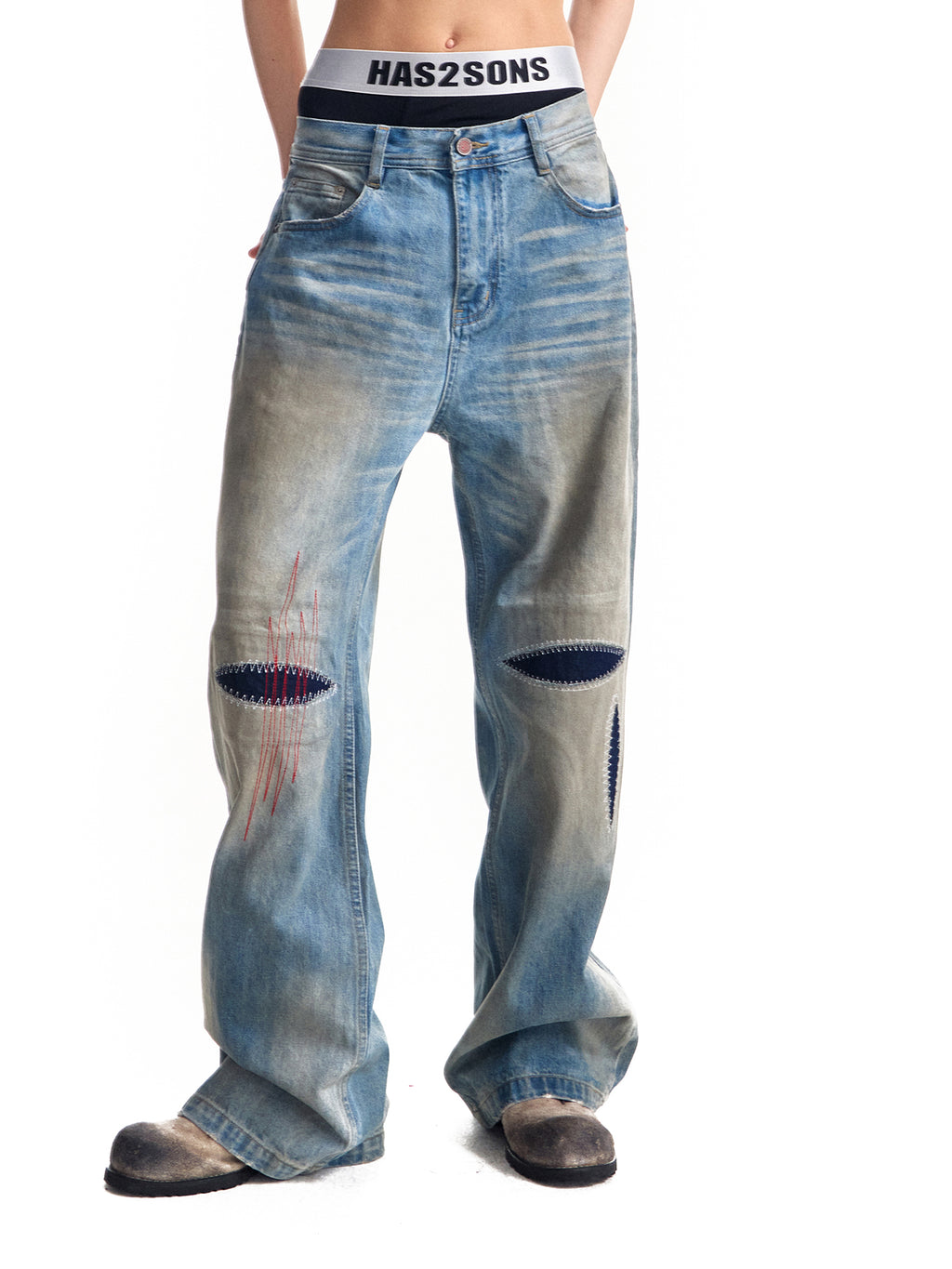 HAS2SONS washed blue straight leg wipe dirty jeans