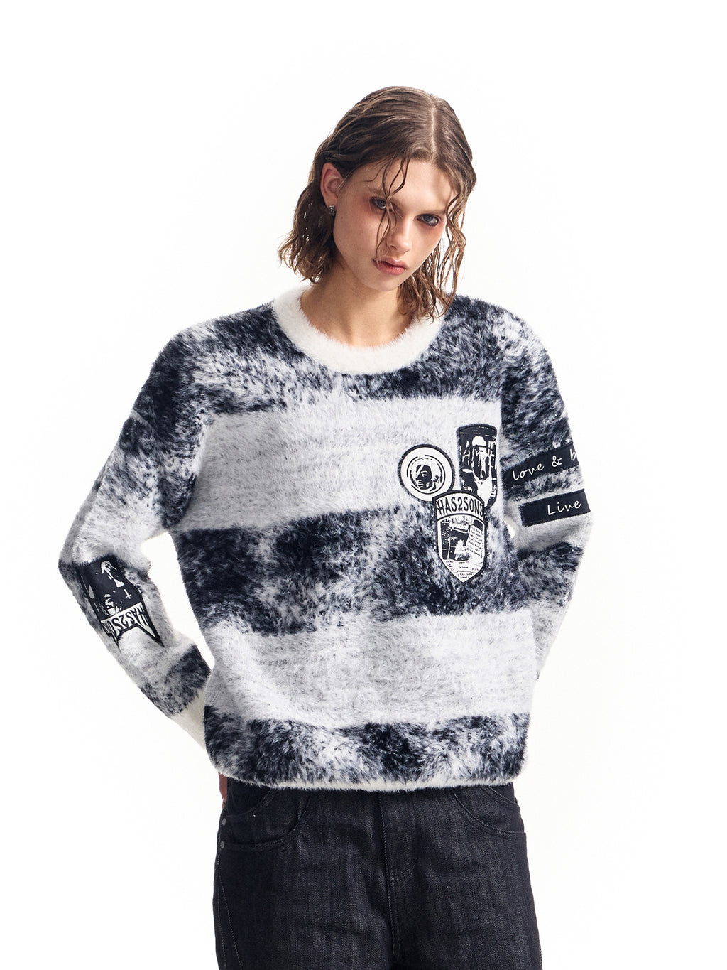 ミンク ウール セーター ストライプ ジャカード ベルベット ニット セーター ジャケット