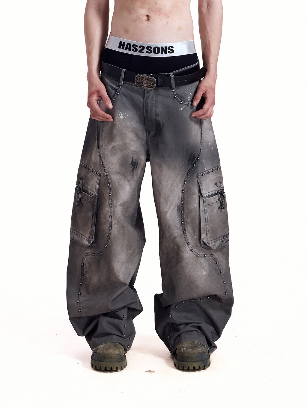 HAS2SONS rivet twill fabric baggy work pants