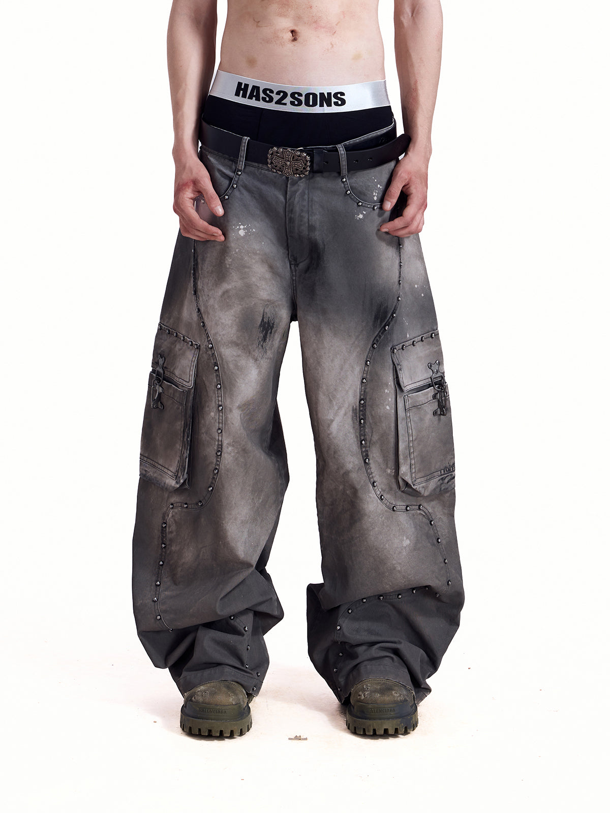 HAS2SONS rivet twill fabric baggy work pants