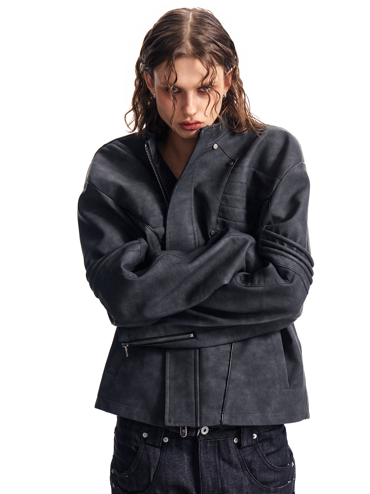 ビンテージのヴィンテージPUレザージャケット、カジュアルなスタンドカラーレザージャケット、アウター