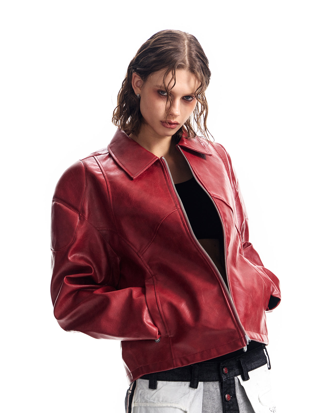 HAS2SONS red curved blade sleeve PU leather jacket