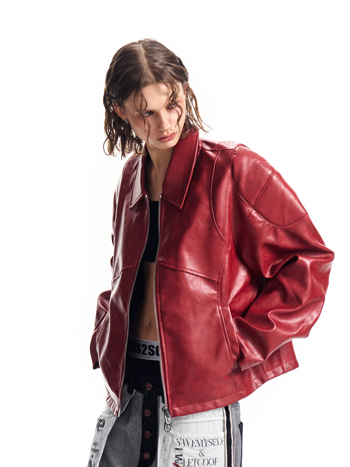 HAS2SONS red curved blade sleeve PU leather jacket