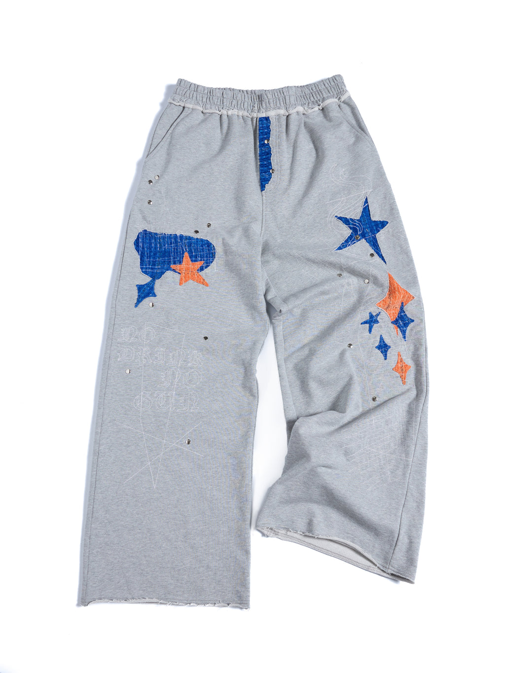HAS2SONS 26SS Grey Star Spade Patch Rivet Raw Hem Wide Leg Sweatpants 097