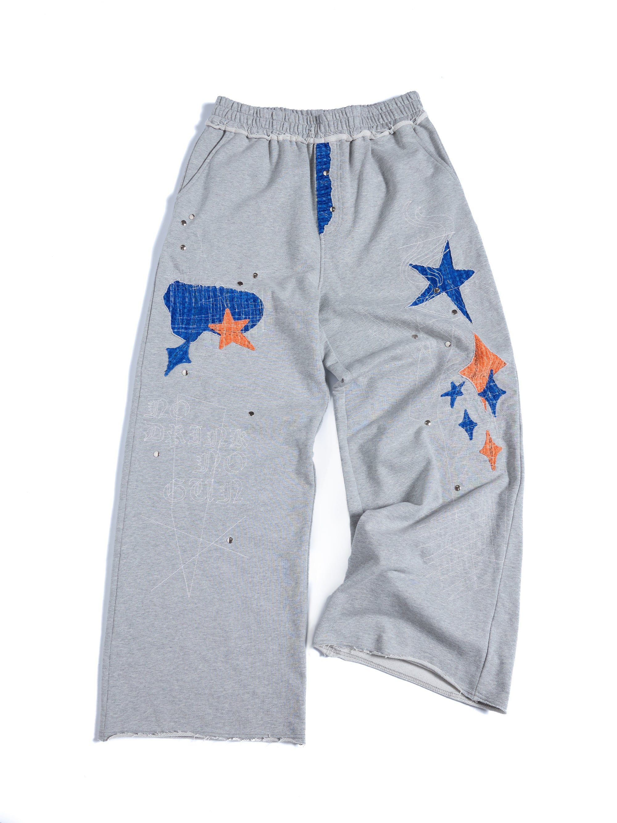 HAS2SONS 26SS Grey Star Spade Patch Rivet Raw Hem Wide Leg Sweatpants 097