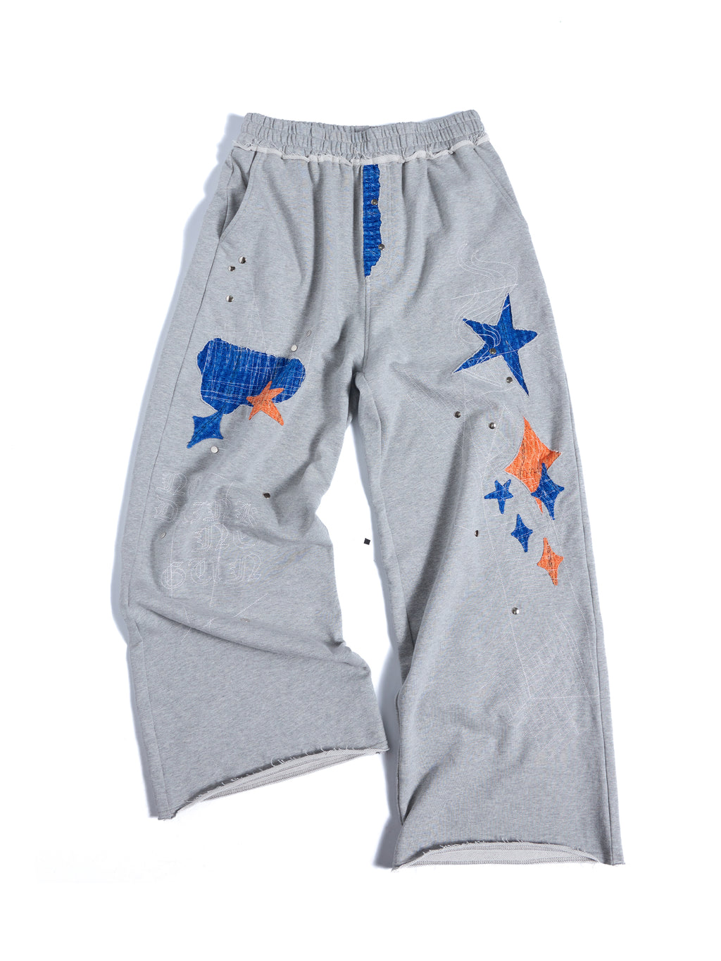 HAS2SONS 26SS Grey Star Spade Patch Rivet Raw Hem Wide Leg Sweatpants 097