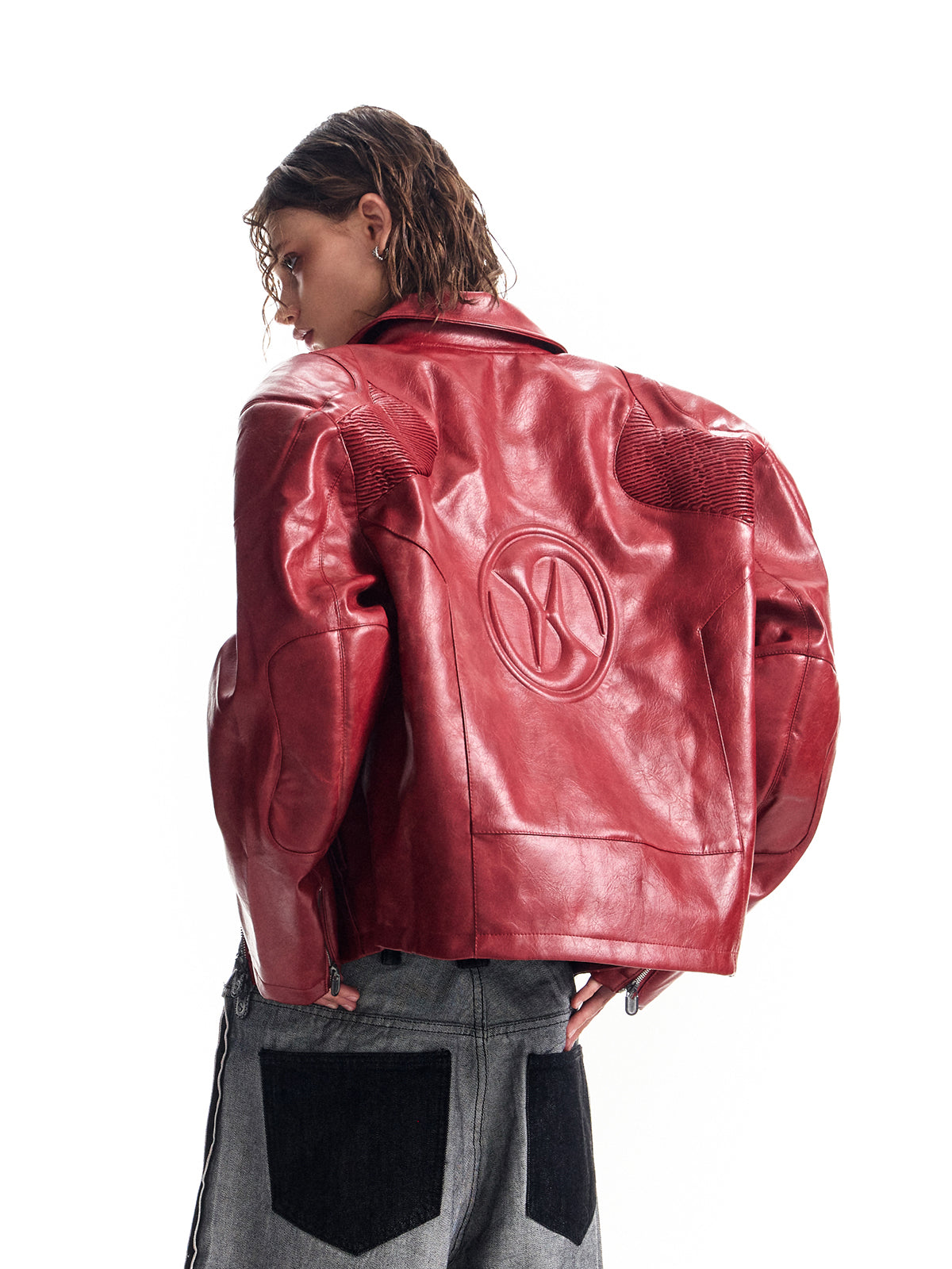 HAS2SONS red curved blade sleeve PU leather jacket