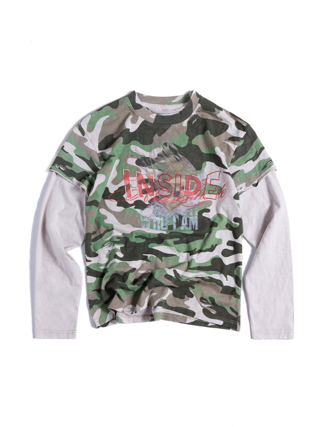 HAS2SONS 26FW Camo Cuff Frayed Two-In-One Long Tee 114