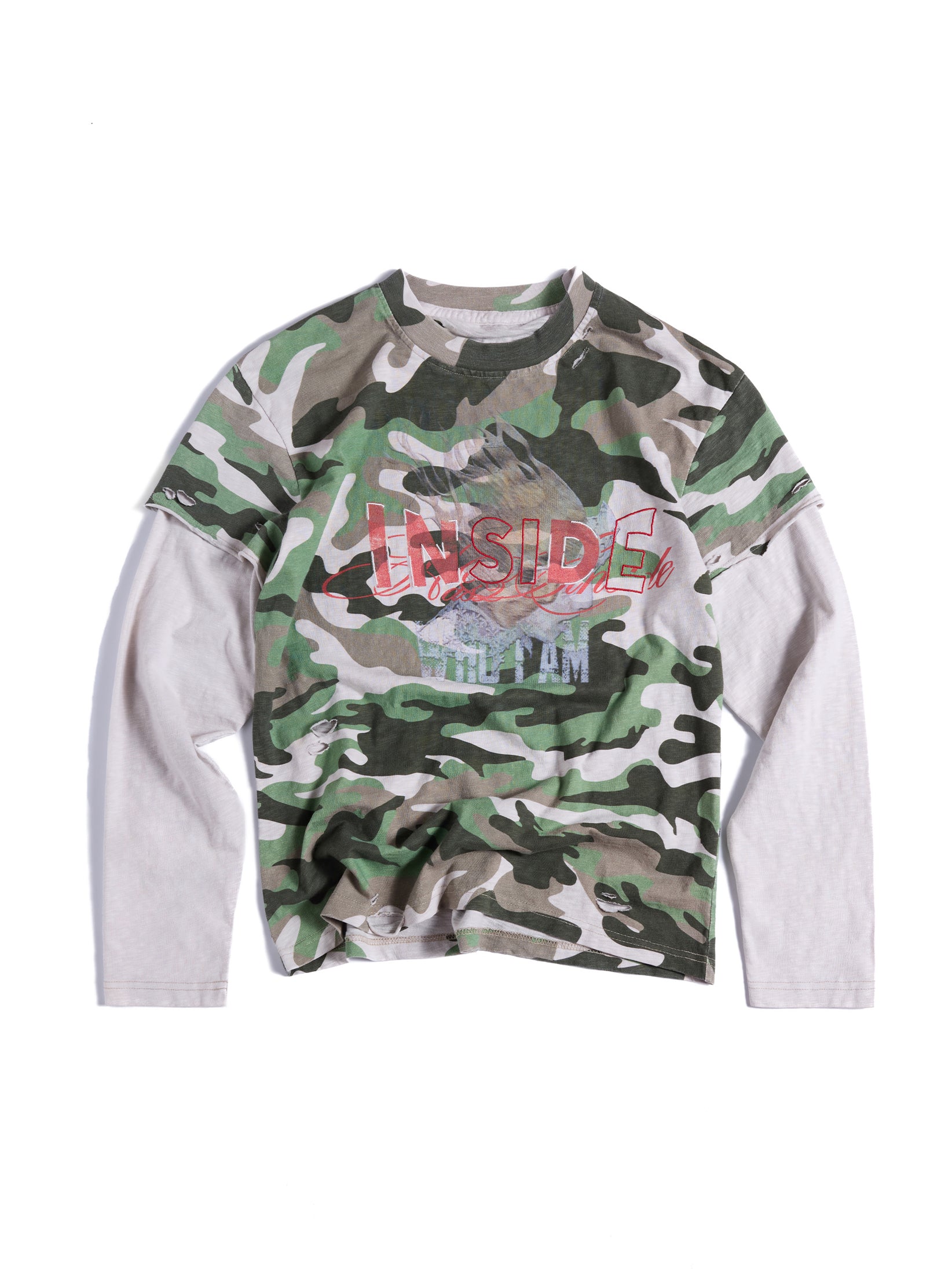 HAS2SONS 26FW Camo Cuff Frayed Two-In-One Long Tee 114