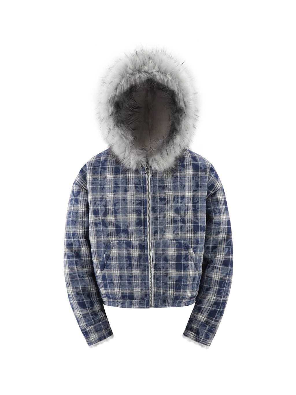 手描きのスプレー塗装の厚い青いチェック柄のラムヘア ジャケット、毛皮の襟のフード付きジャケット、冬