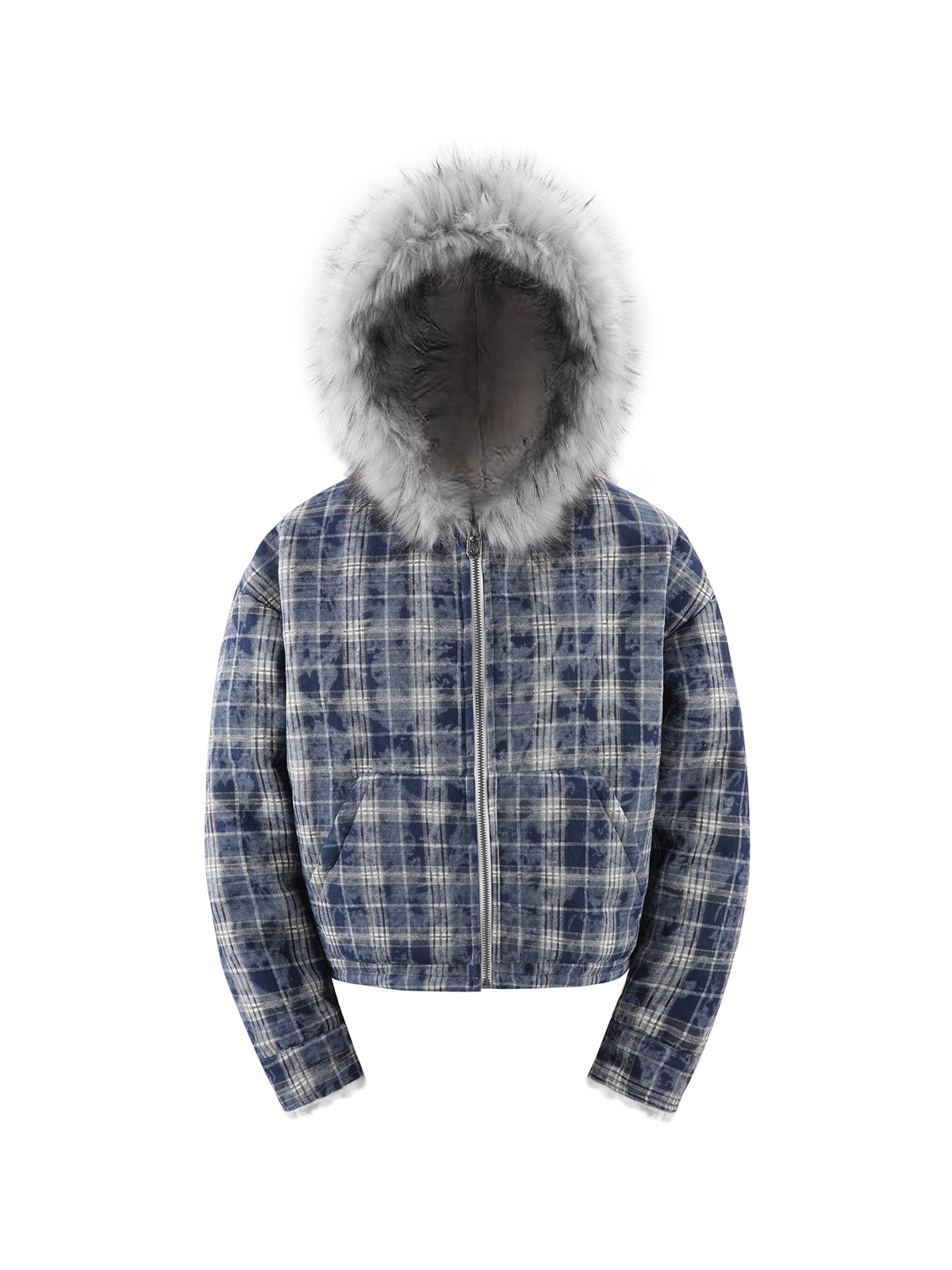 手描きのスプレー塗装の厚い青いチェック柄のラムヘア ジャケット、毛皮の襟のフード付きジャケット、冬