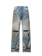 HAS2SONS washed blue straight leg wipe dirty jeans