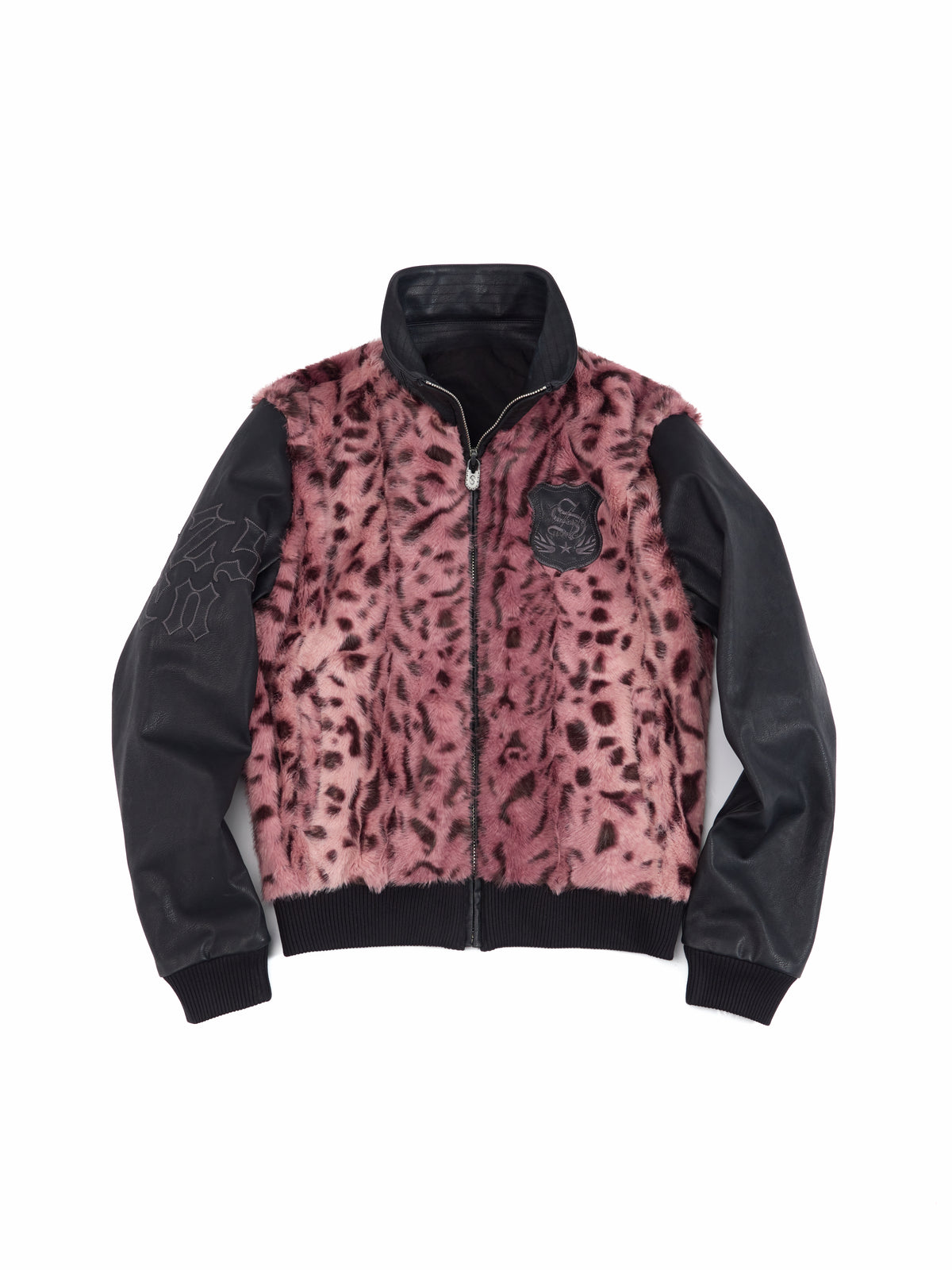 HAS2SONS 26FW Pink Leopard Faux Mink Varsity Jacket 128