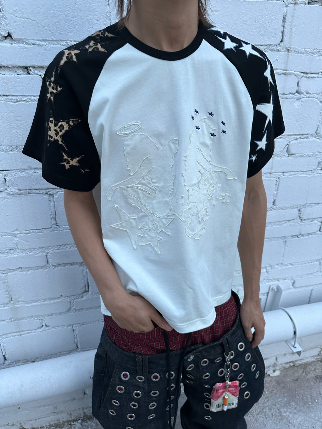 HAS2SONS "Dual Angel" Dual Angel Patch Embroidered Raglan Boxy Tee, Street Loose Fit 091