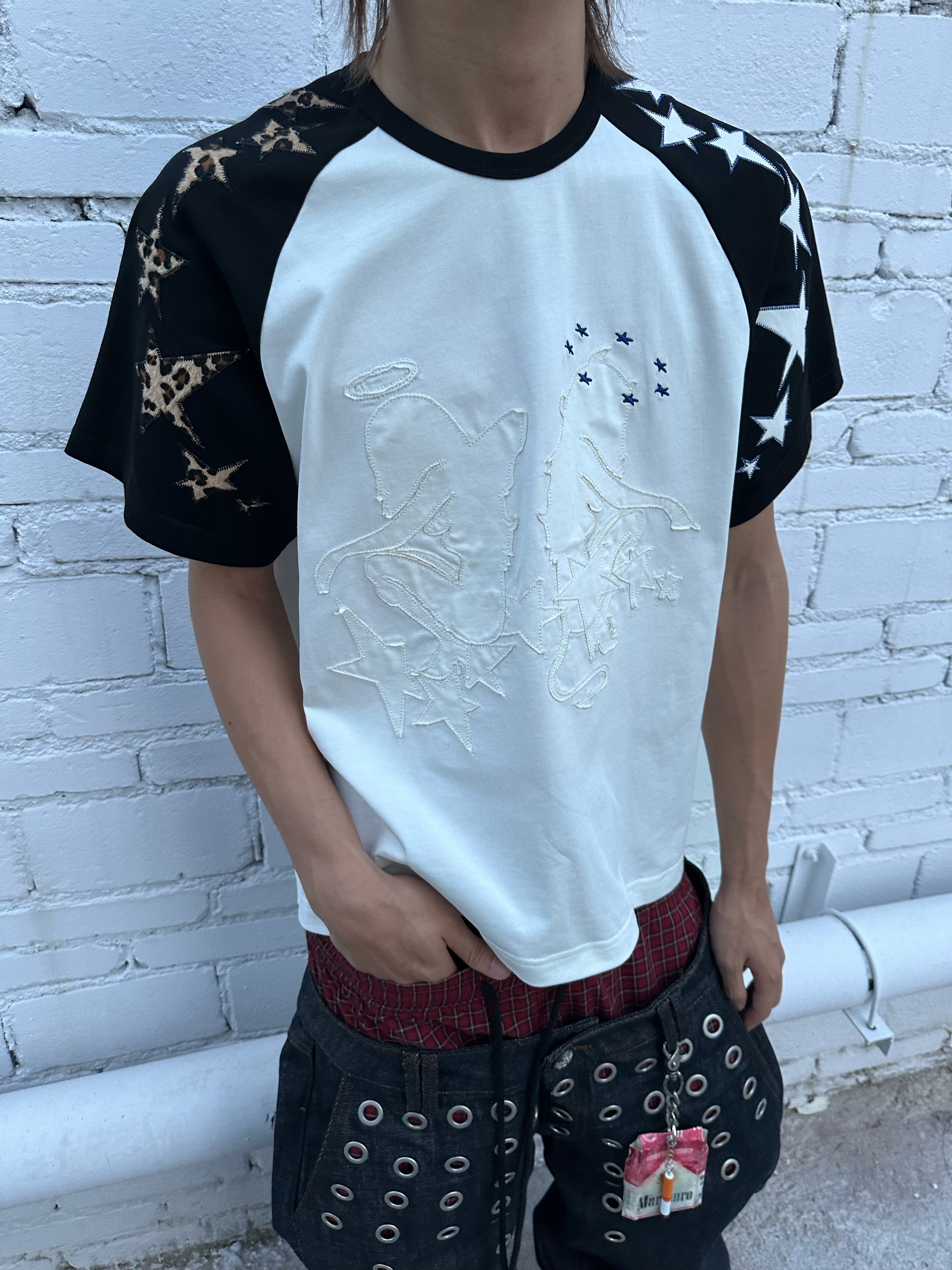 HAS2SONS "Dual Angel" Dual Angel Patch Embroidered Raglan Boxy Tee, Street Loose Fit 091