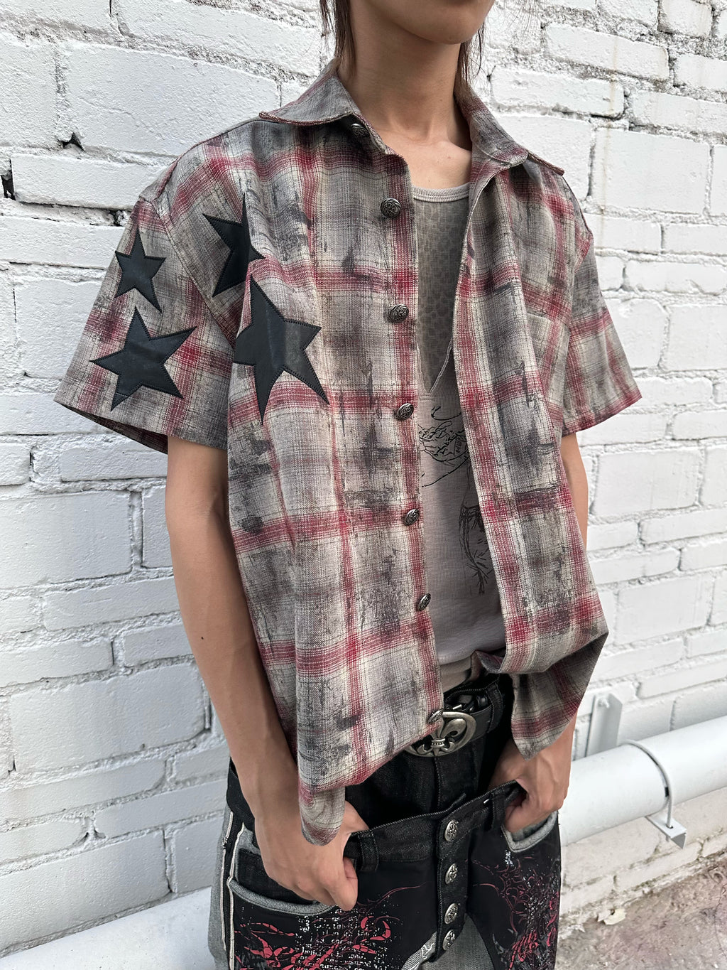 HAS2SONS 26ss Red Grey Plaid Boxy Shirt, Star Patch Embroidered Cropped Street Top 089