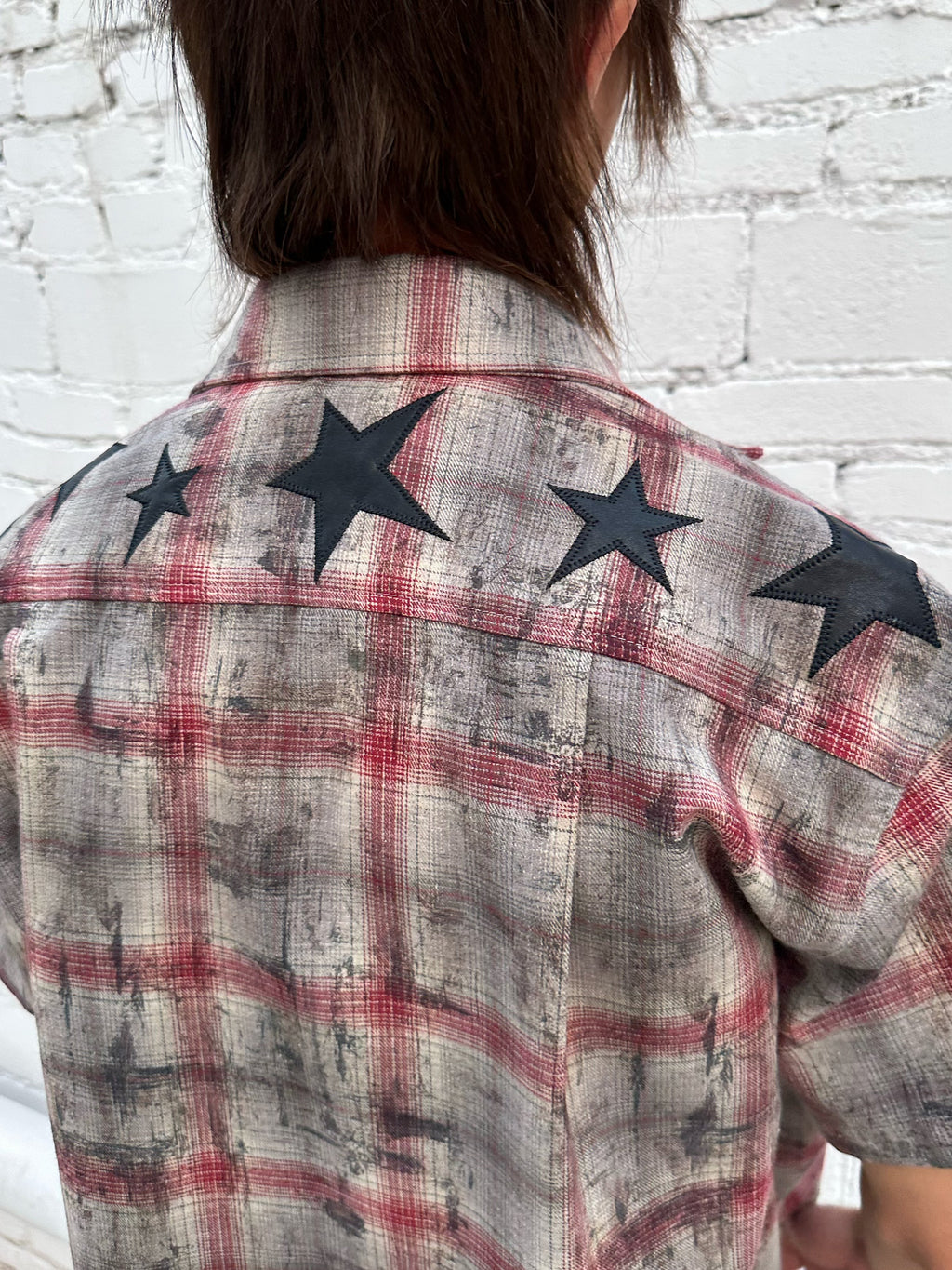 HAS2SONS 26ss Red Grey Plaid Boxy Shirt, Star Patch Embroidered Cropped Street Top 089