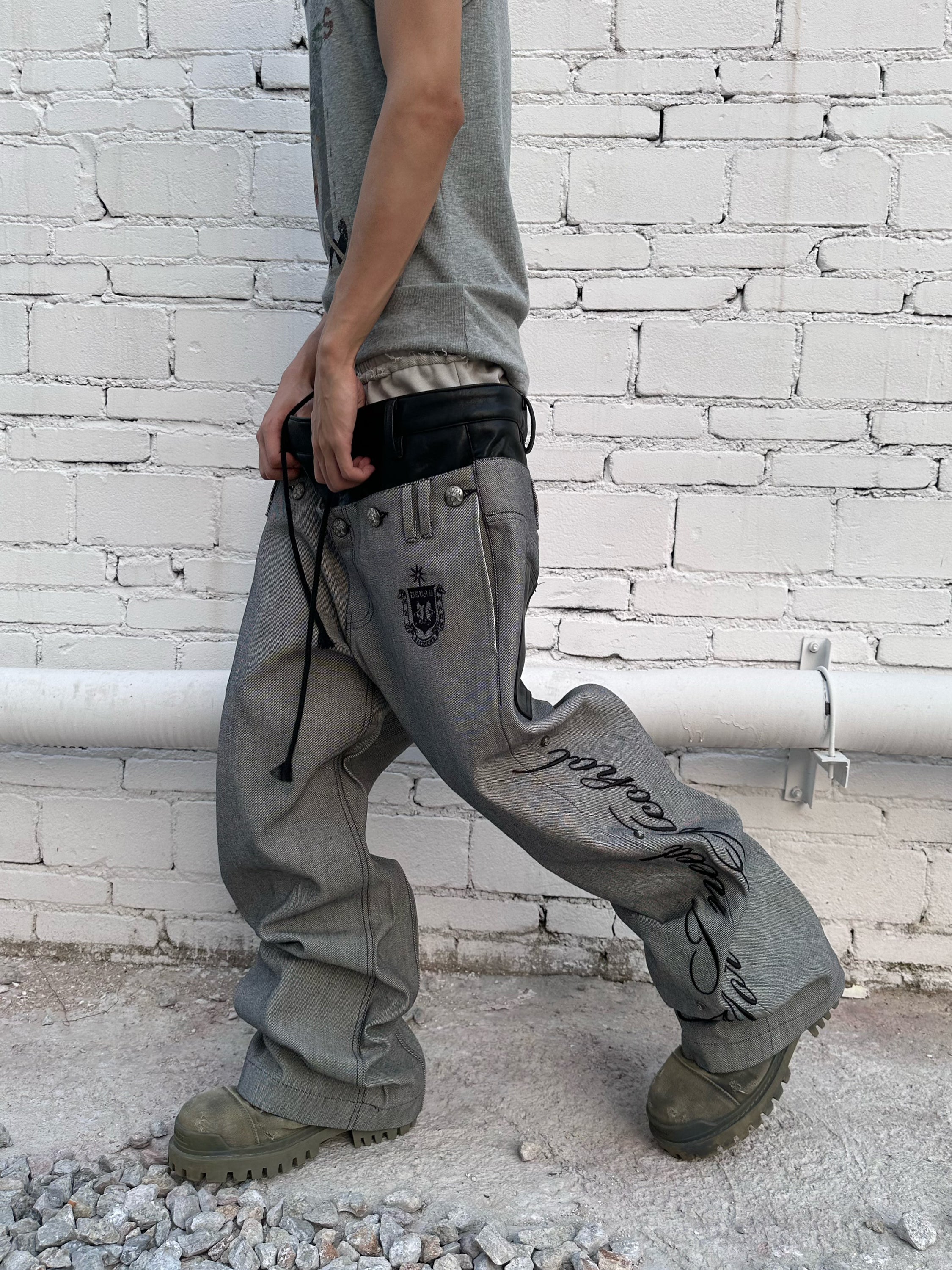 HAS2SONS 26SS Double Triple Waistband Rivet Embroidered Spliced Jeans 086