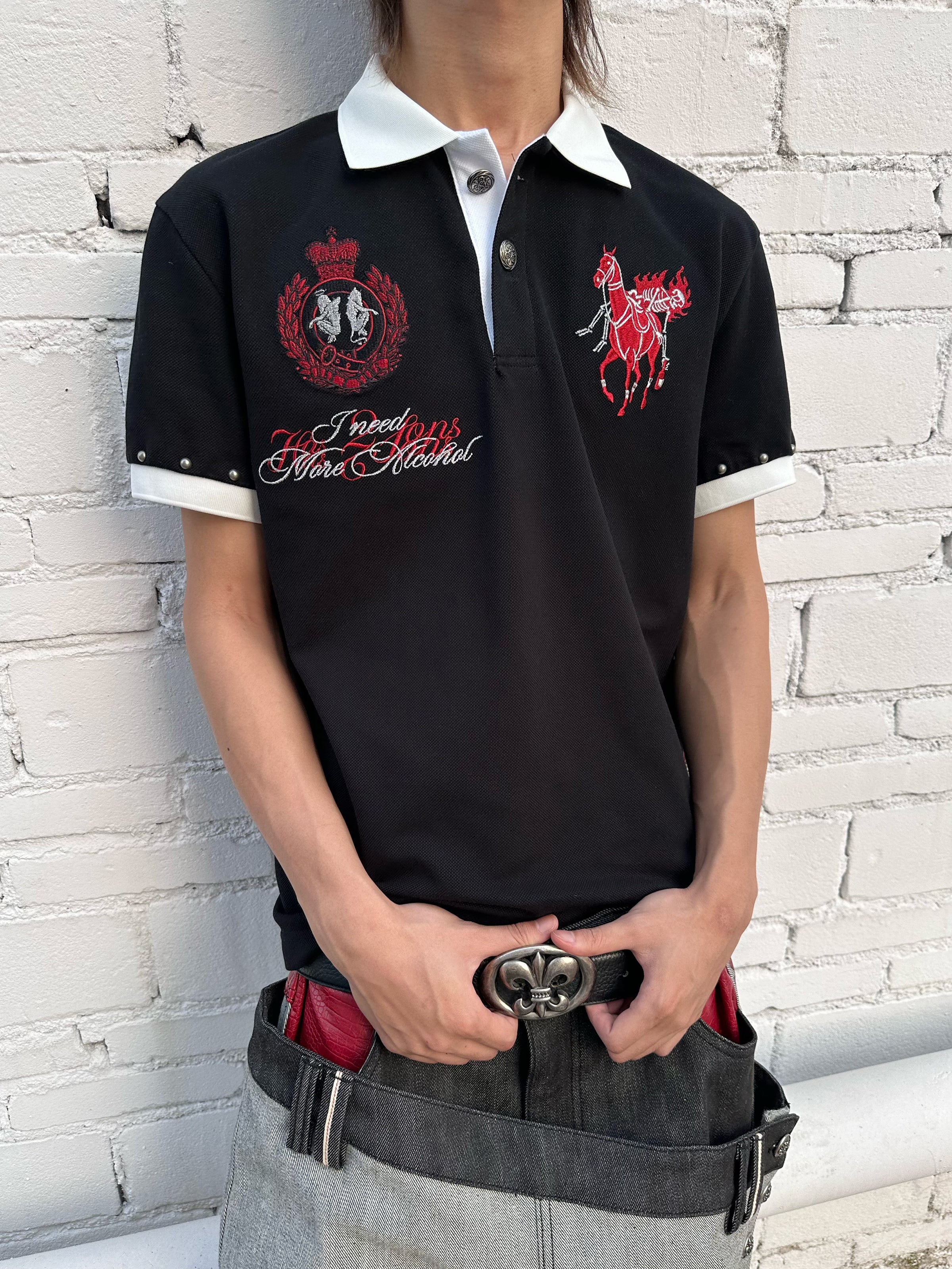 HAS2SONS Blazing Soul Embroidered Color Contrast Boxy Polo, Unisex Short Sleeve 093