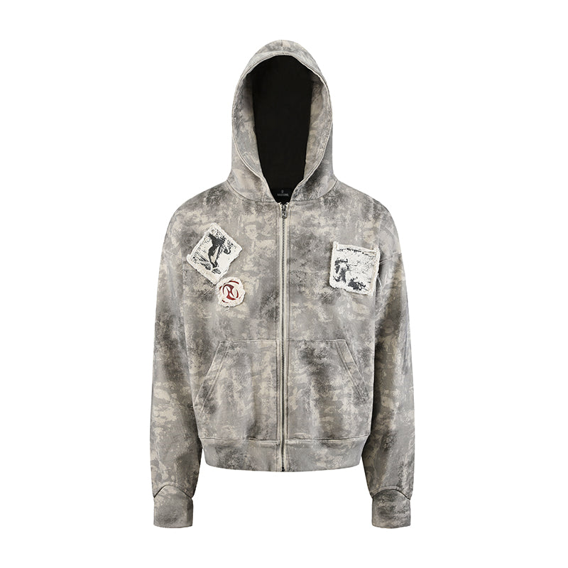 ウォッシュド迷彩パッチワーク刺繍カーディガンパーカー短幅プリントパーカー