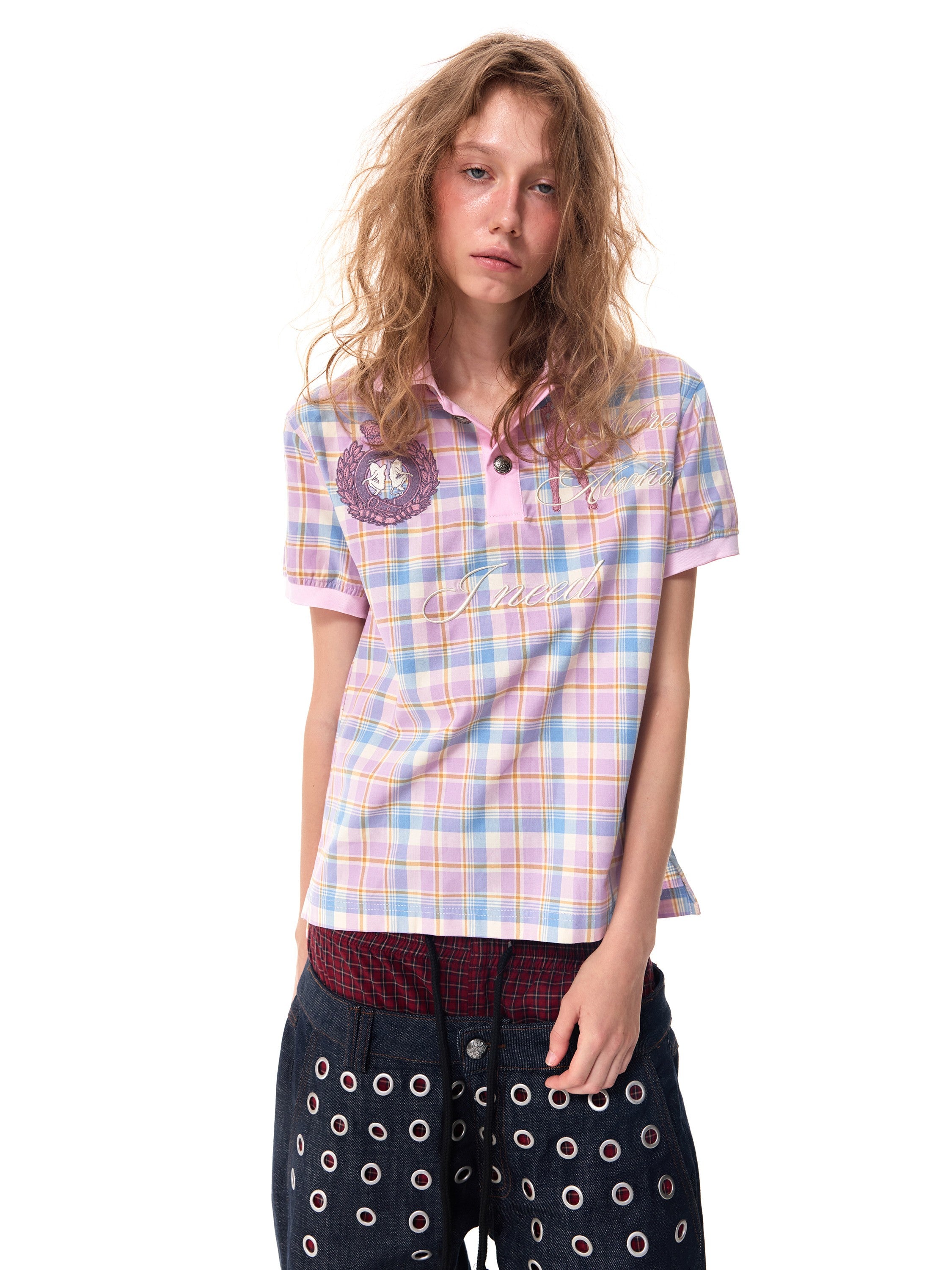 HAS2SONS Pink Plaid Embroidery Polo 079 (Runs 1 Size Small)