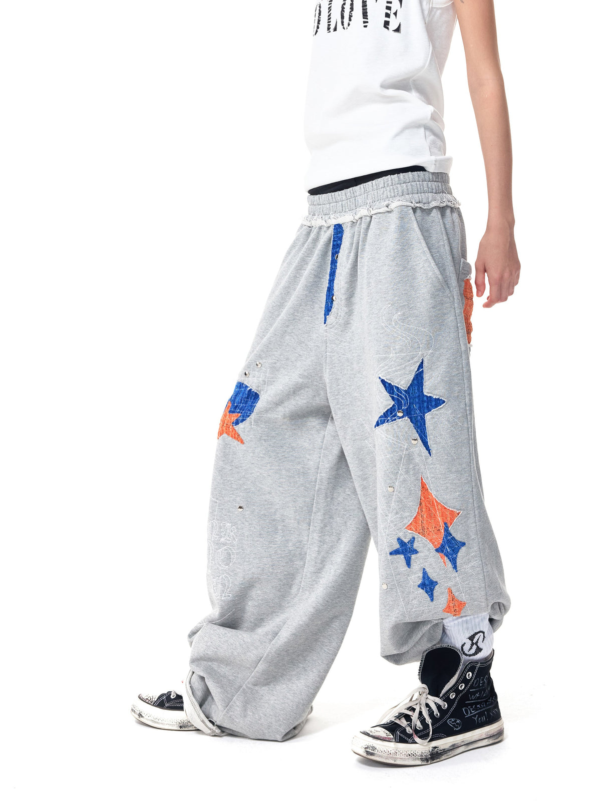 HAS2SONS  Grey Star Patch Rivet Wide Sweatpants 097