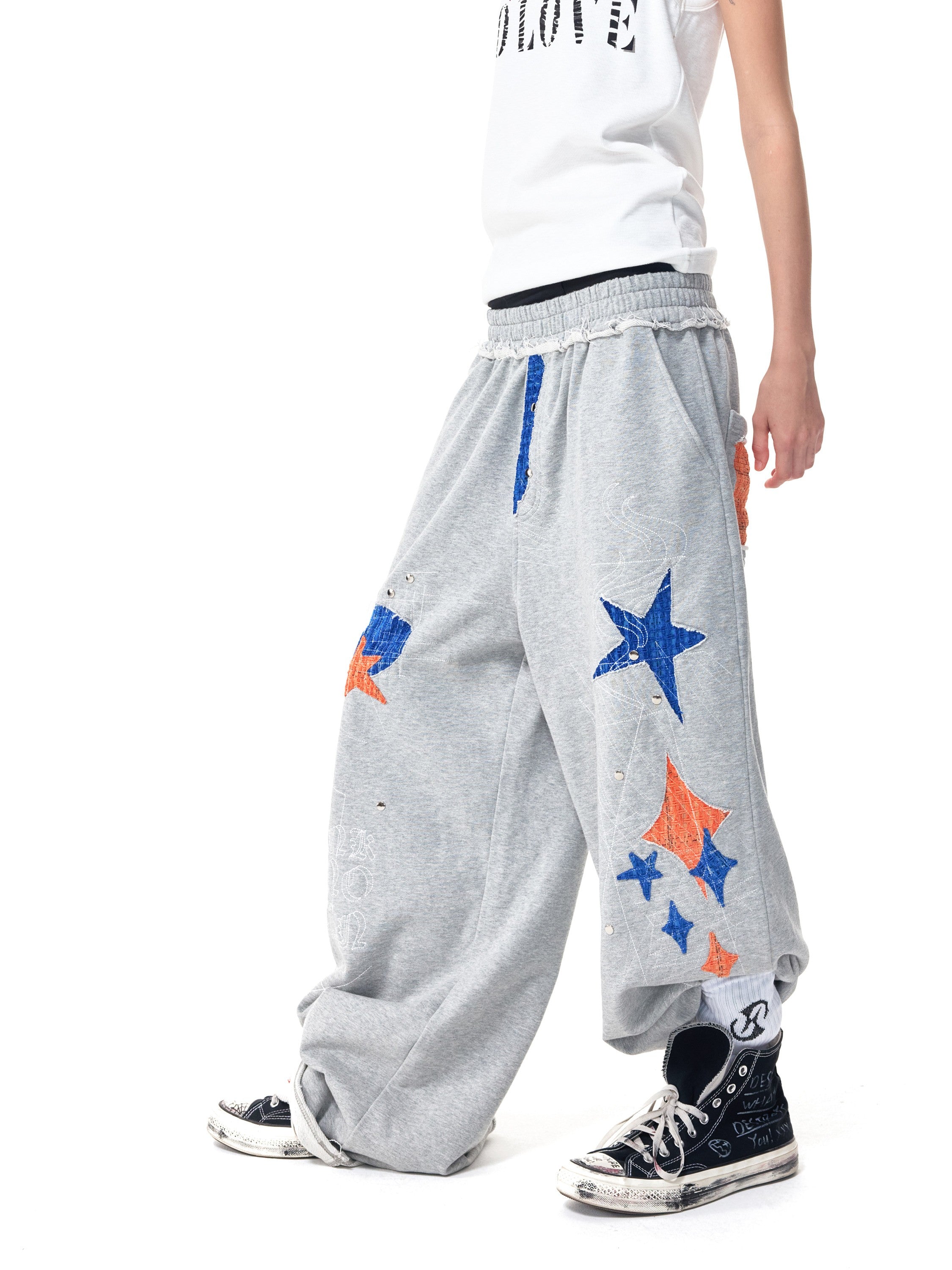 HAS2SONS  Grey Star Patch Rivet Wide Sweatpants 097