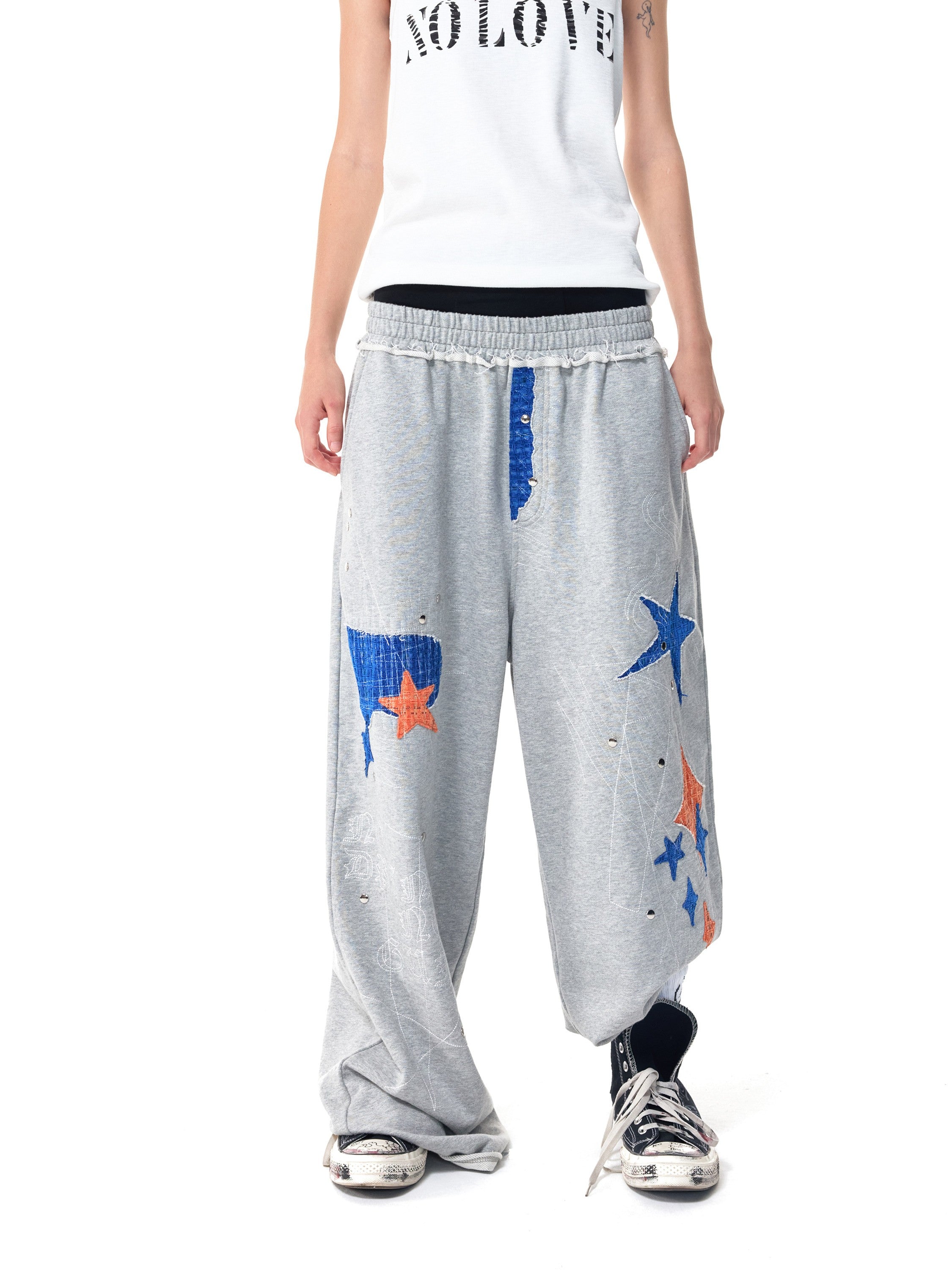 HAS2SONS  Grey Star Patch Rivet Wide Sweatpants 097