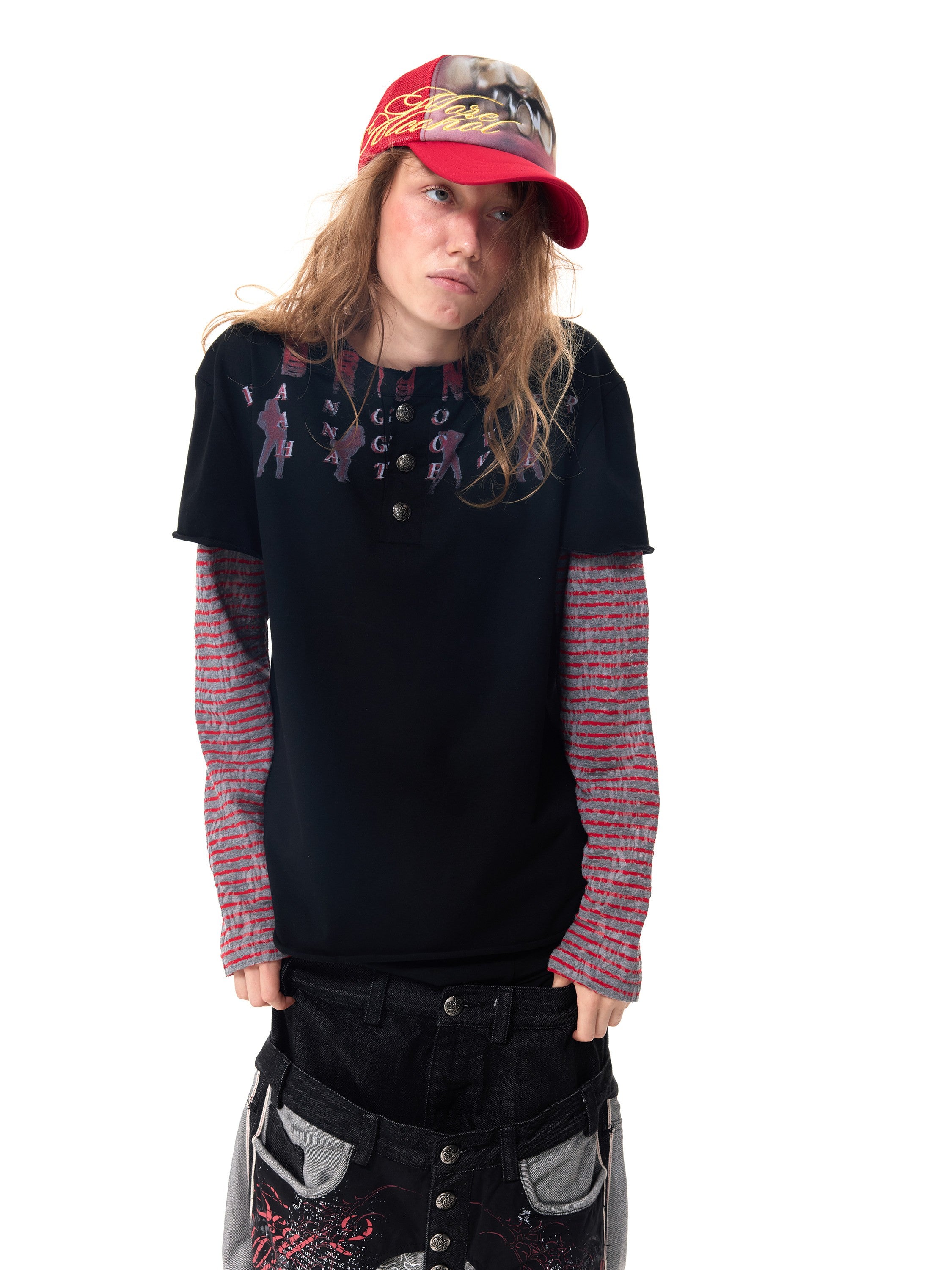 HAS2SONS Fake Two-Piece Print Henley Tee 085
