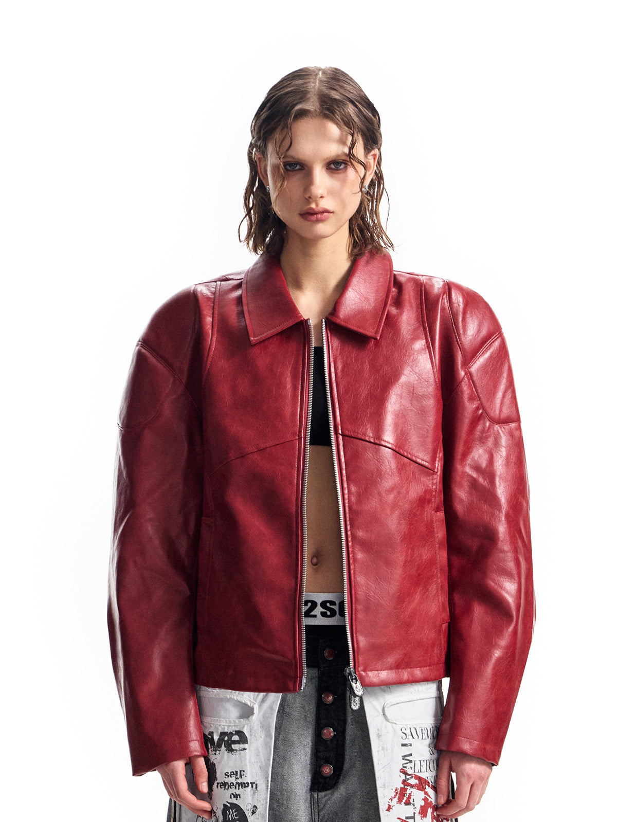 HAS2SONS red curved blade sleeve PU leather jacket