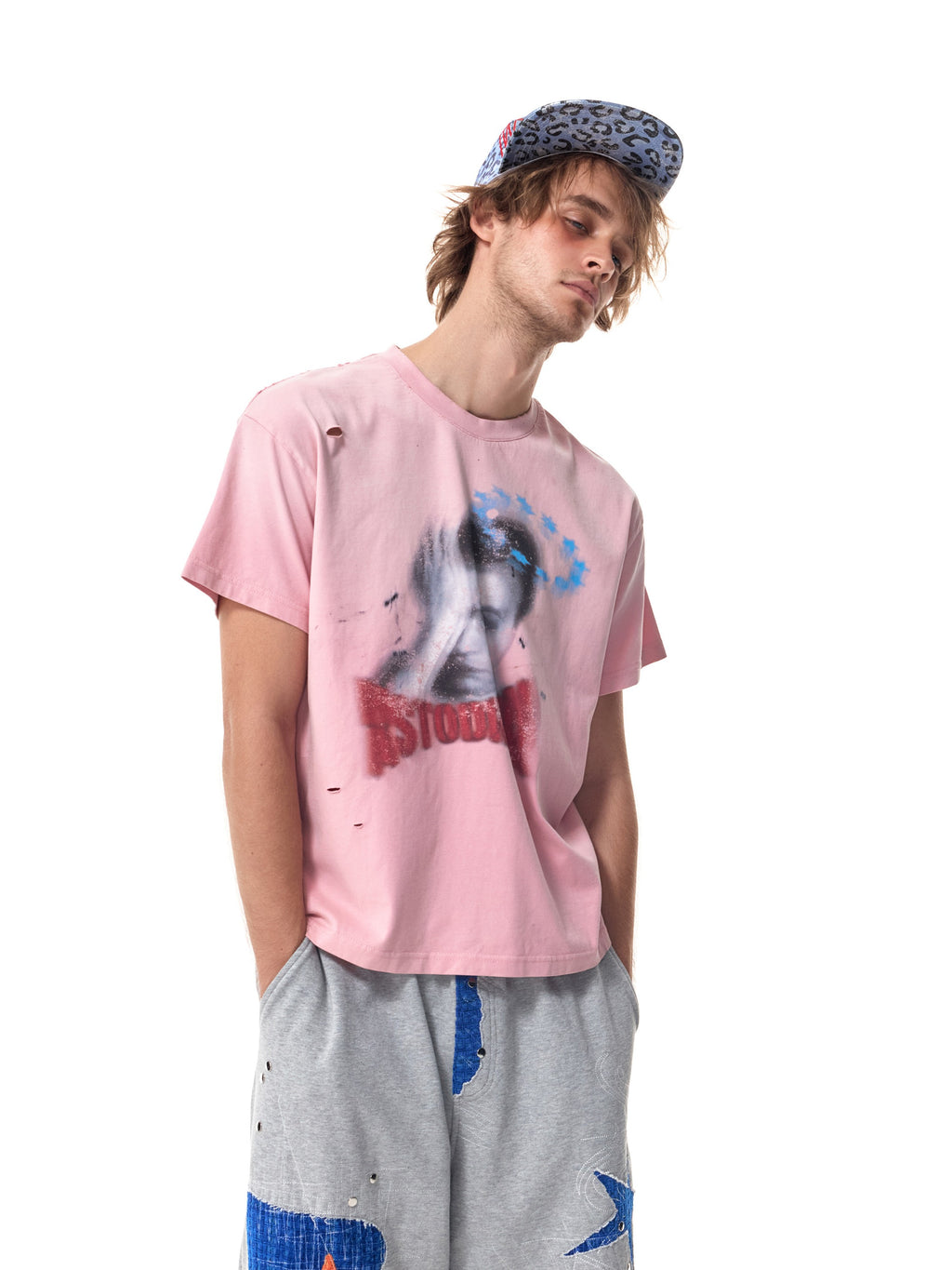 HAS2SONS Pink Ripped Halo Portrait Cropped Graphic Tee 099