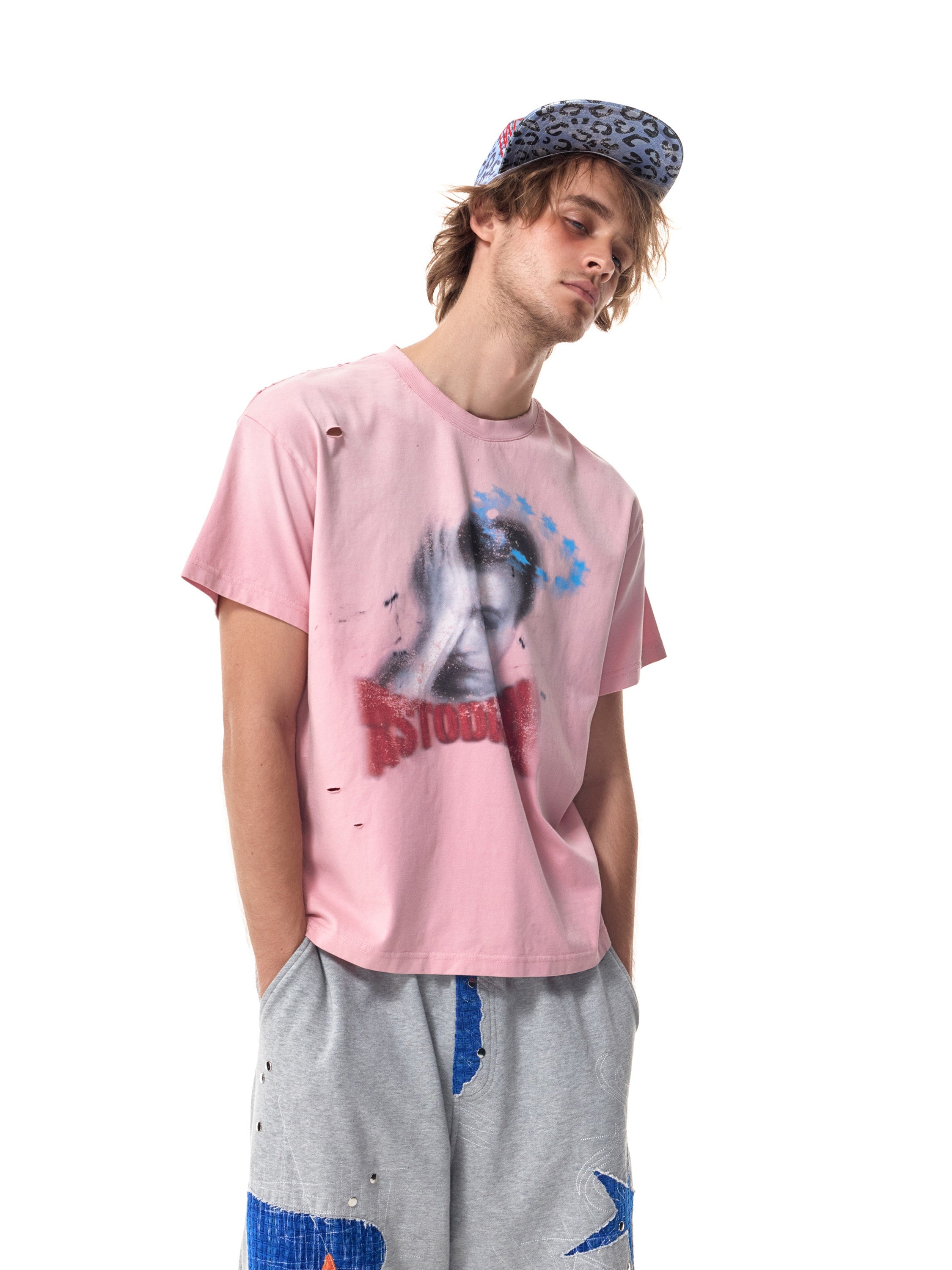 HAS2SONS Pink Ripped Halo Portrait Cropped Graphic Tee 099
