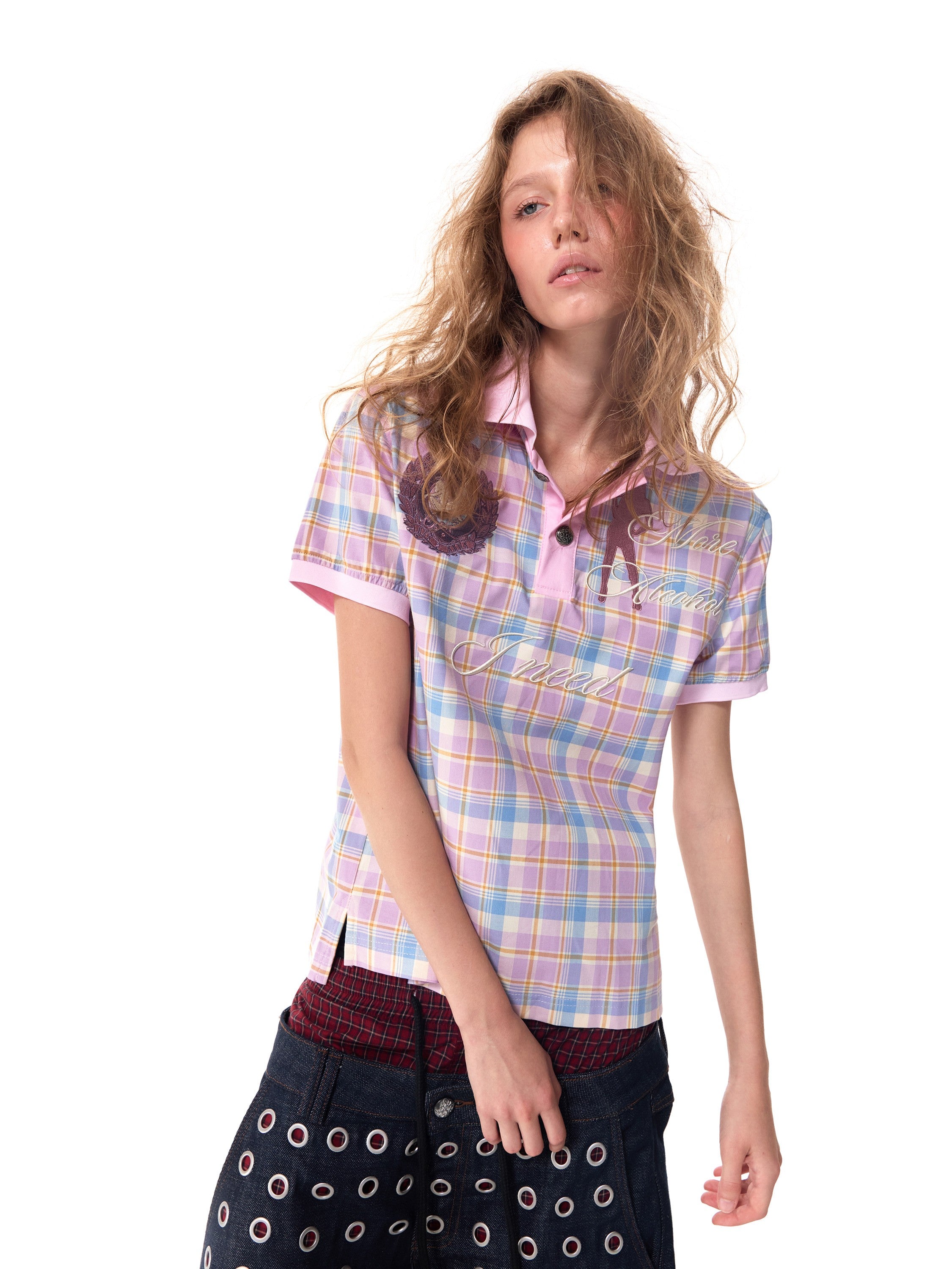 HAS2SONS Pink Plaid Embroidery Polo 079 (Runs 1 Size Small)