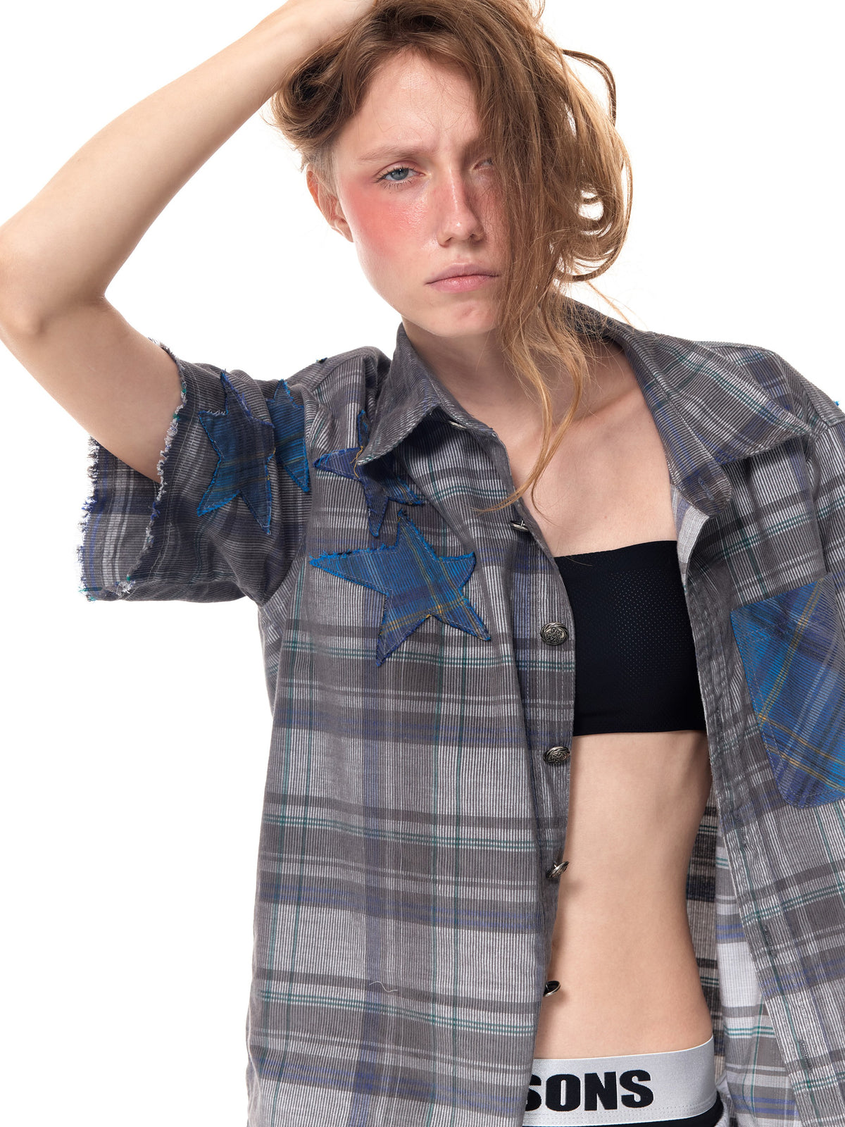HAS2SONS  Grey Plaid Star Boxy Shirt 100