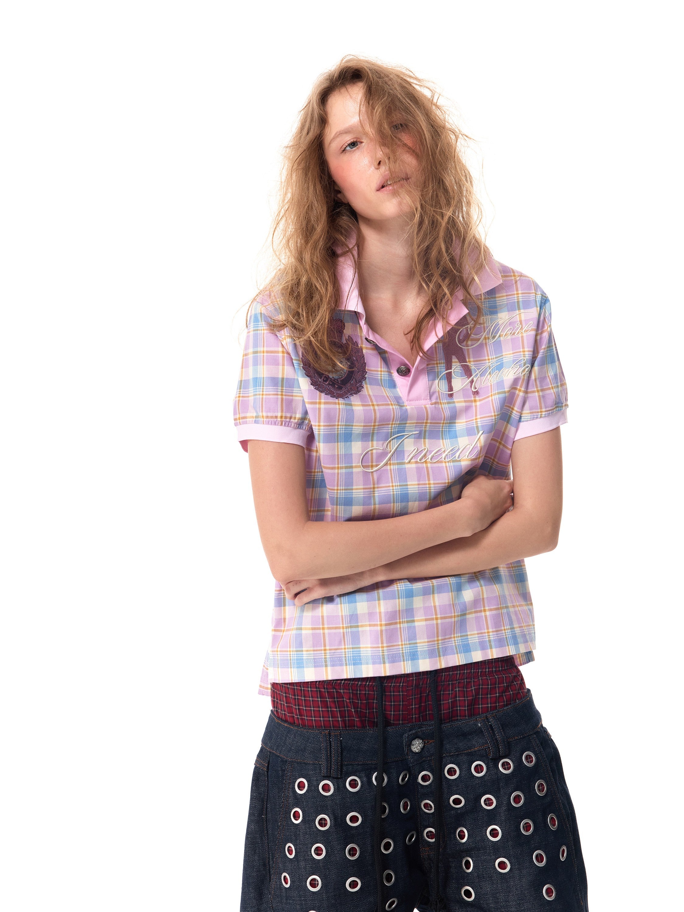 HAS2SONS Pink Plaid Embroidery Polo 079 (Runs 1 Size Small)