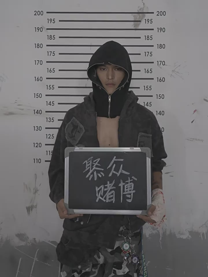 ウォッシュド迷彩パッチワーク刺繍カーディガンパーカー短幅プリントパーカー